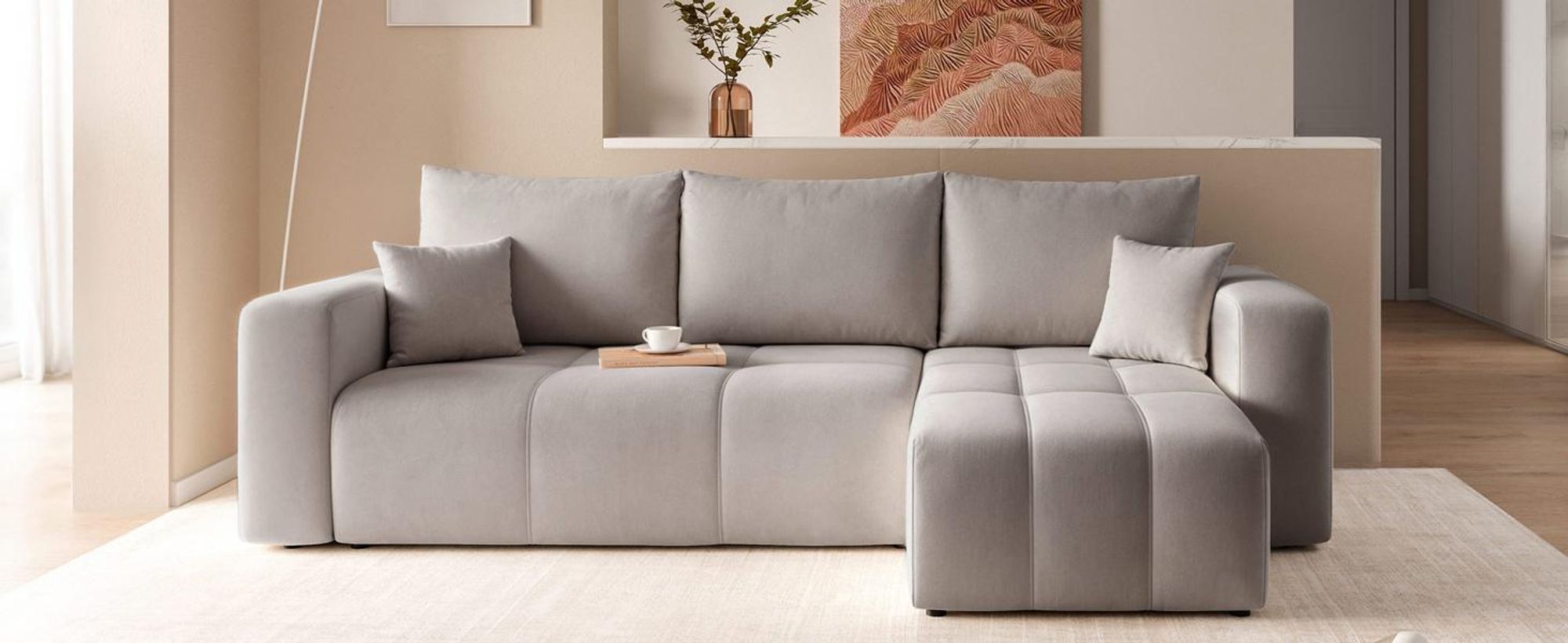 Idohome-Moderne Ecksofa mit Schlaffunktion und L-förmigen Steppungen, Couchgarnitur, Universale Couch, Sofa, Bettcouch, PEDROO-Farbe Hellgrau Manila15