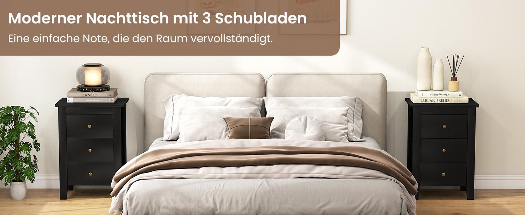 COSTWAY 2er Set Nachttisch mit 3 Schubladen, Nachtschrank für Boxspringbett, Beistelltisch, Nachtkommode für Wohnzimmer Schlafzimmer, Schwarz, 46 x 37 x 65 cm