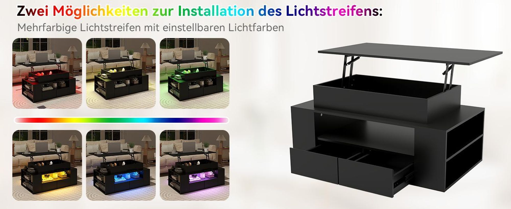 Puluomis Couchtisch mit Schublade, Abhebbarer Tischplatte, RGB Lichtleiste mit App Steuerung Kaffeetisch Schreibtisch Sofatisch für Wohnzimmer schwarz