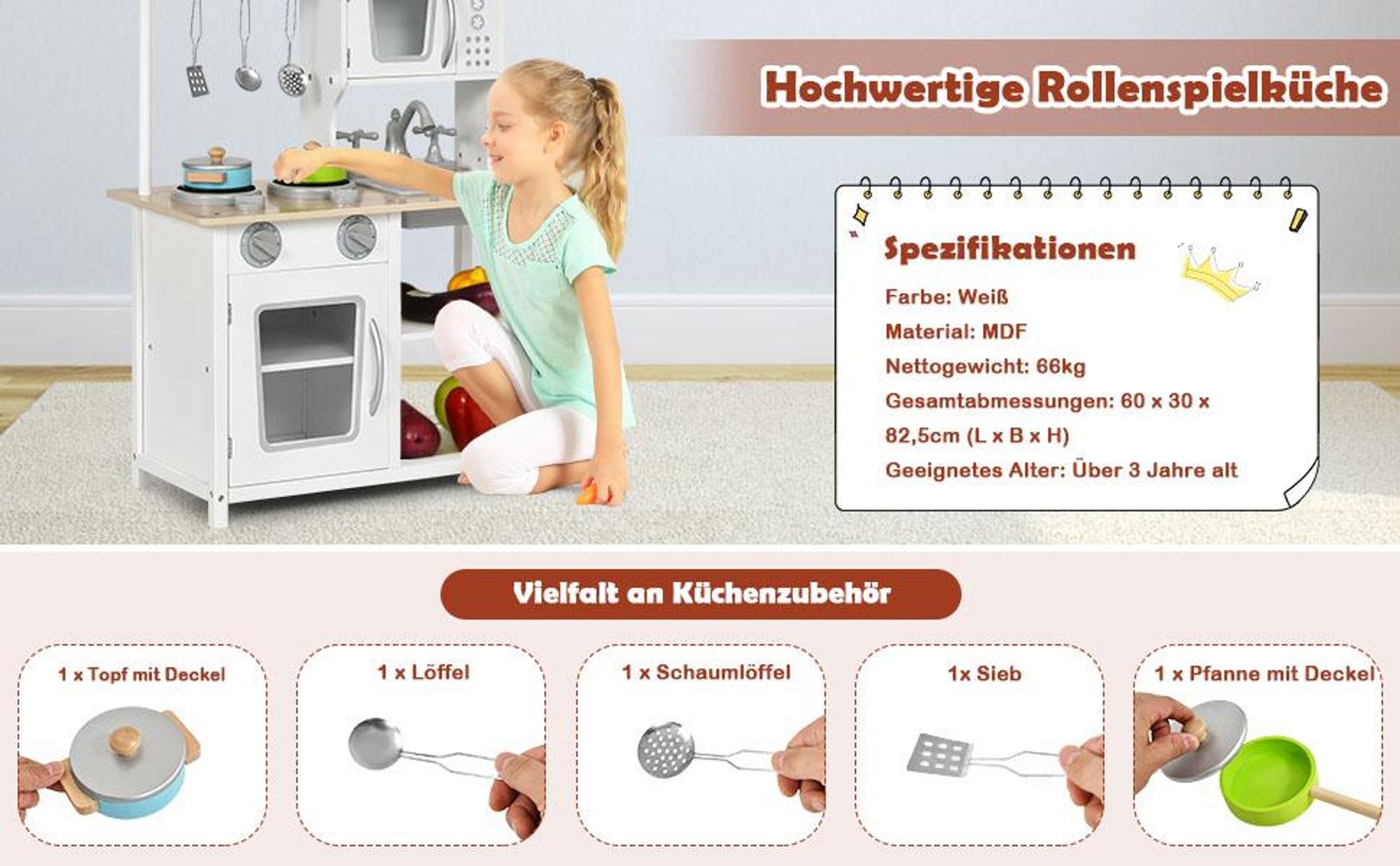 COSTWAY Kinderküche Holz, Kinder Spielküche mit Zubehör, Spielzeugküche Holzküche mit Spüle Backofen Mikrowelle & Herd, Küche-Set Weiß