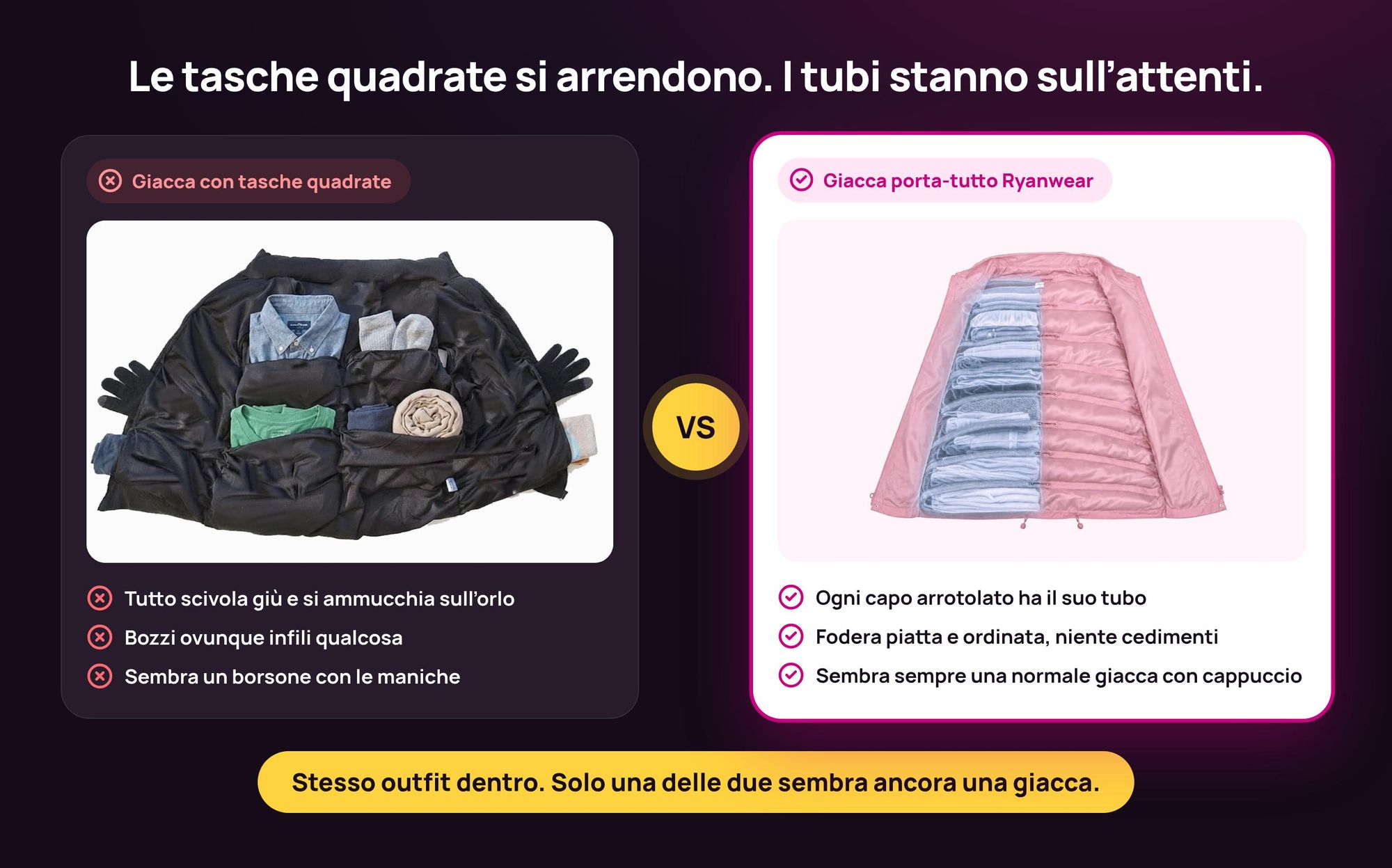 Confronto: giacca con tasche quadrate che cede vs Giacca porta-tutto Ryanwear con tasche a tubo