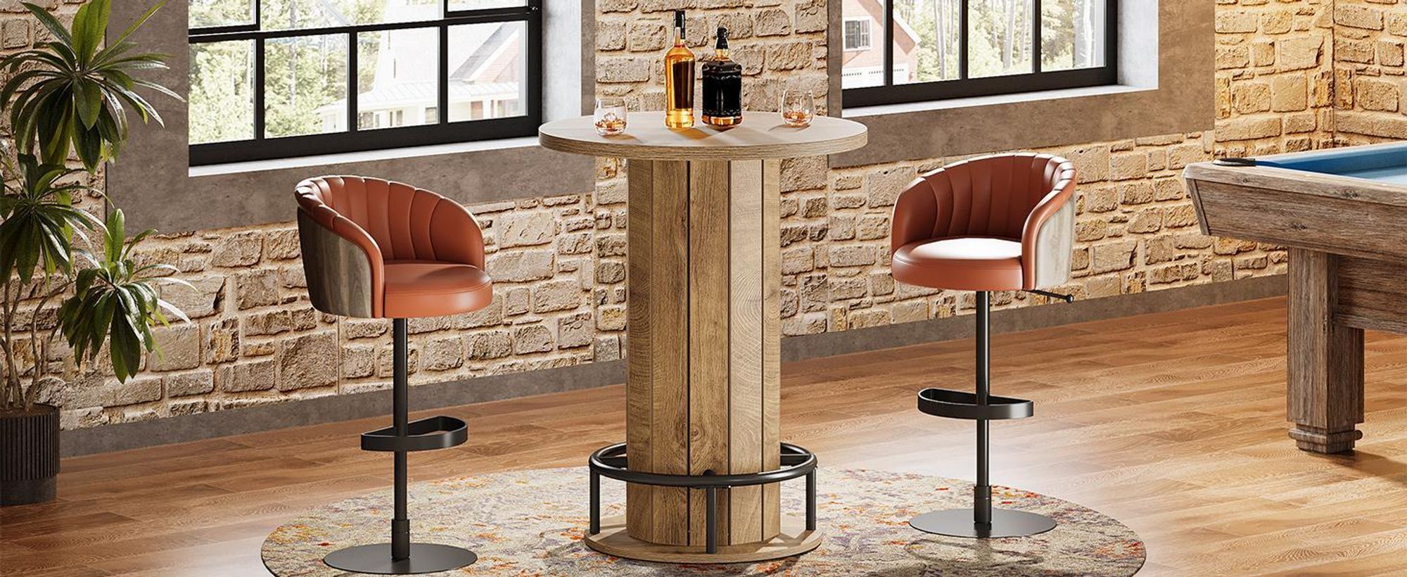 Tribesigns Runder Bartisch, 100 cm hoch, Holz, Bistrotisch mit Metallring-Fußstütze für Esszimmer, Kaffee, Cocktail, Wohnzimmer, Hellbraun