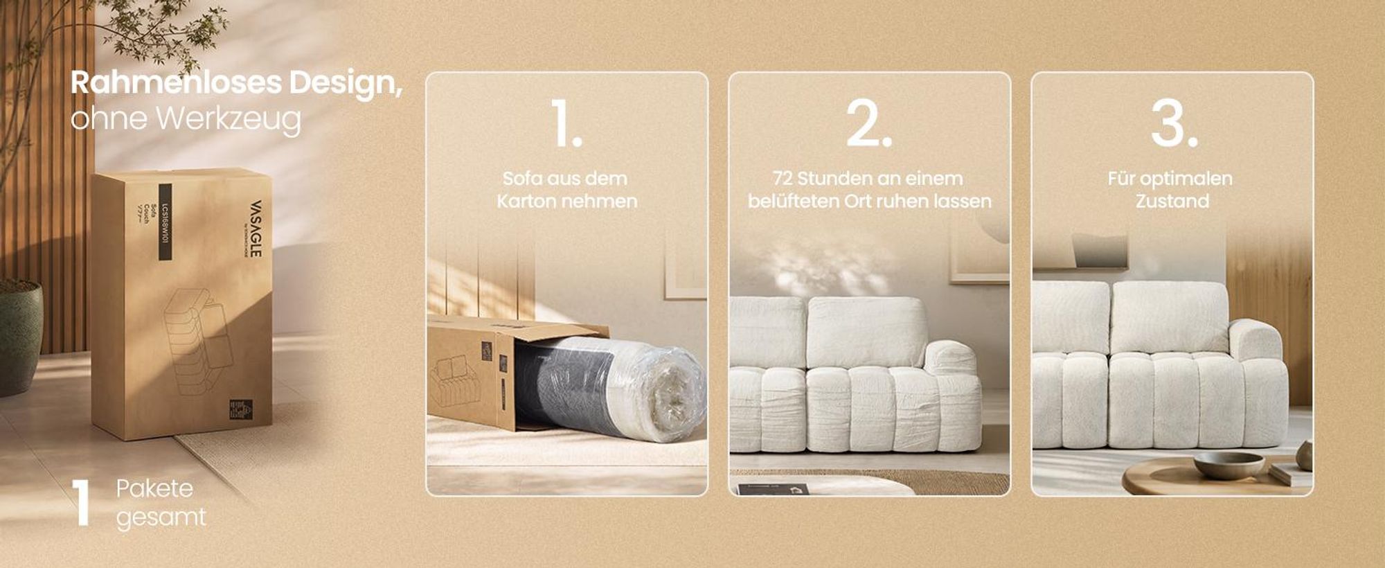 VASAGLE Modulares 2-Sitzer Sofa, Rahmenlose Chenille Couch für Wohnzimmer, 176 x 92 x 85 cm, Weiß