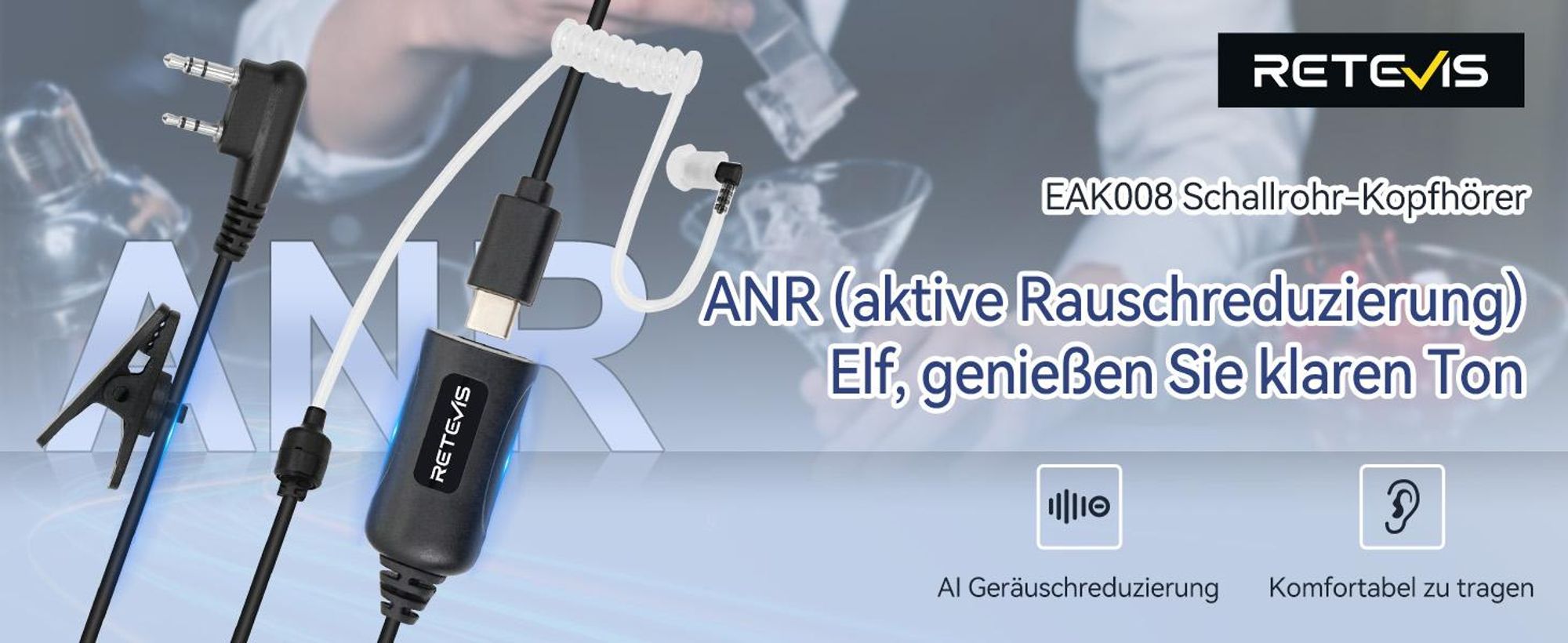 Retevis Aktive Geräuschunterdrückung Walkie-Talkie-Headset, 2-poliges Sicherheits-Headset, Schallschlauch Funkgerät Ohrhörer mit PTT