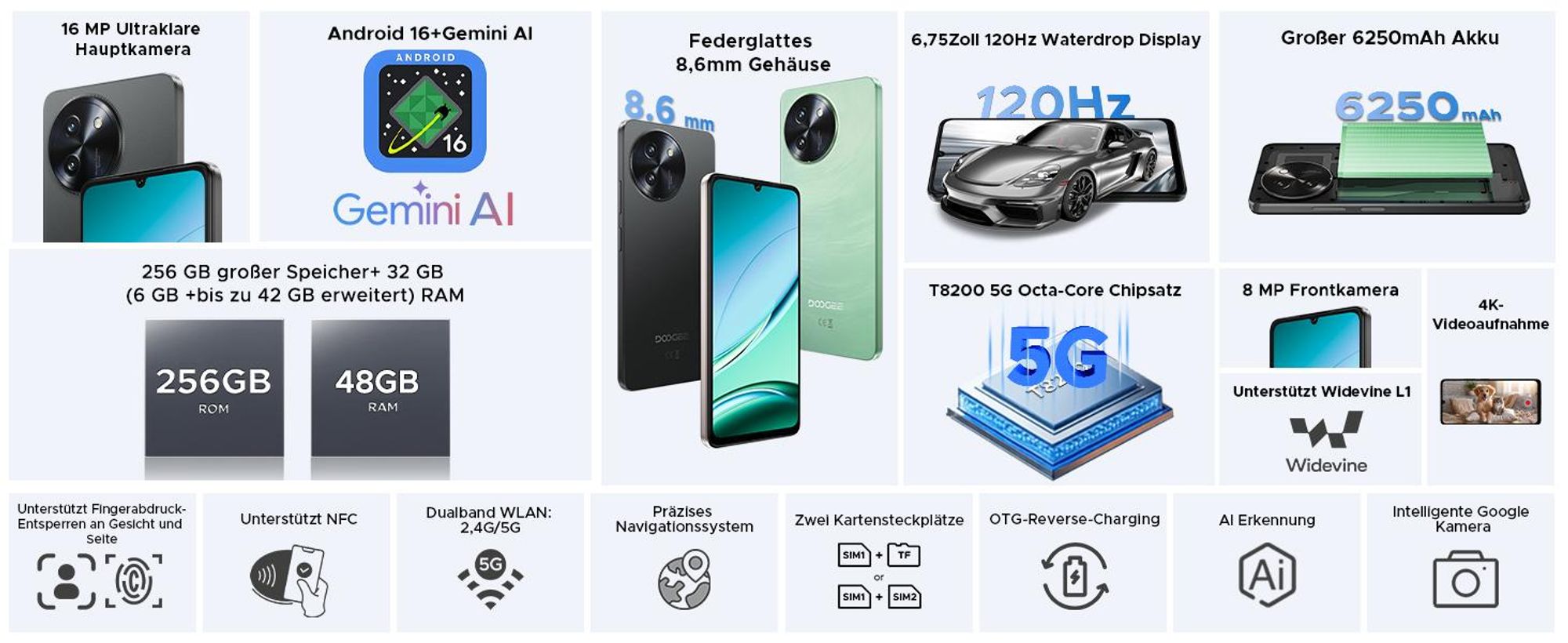 DOOGEE Note59 Pro Smartphone, Android 16, 6,75" scherm met 120Hz, 6250mAh batterij, 48GB+256GB opslag, 5G, 16MP camera, NFC, vingerafdruksensor, zonder abonnement