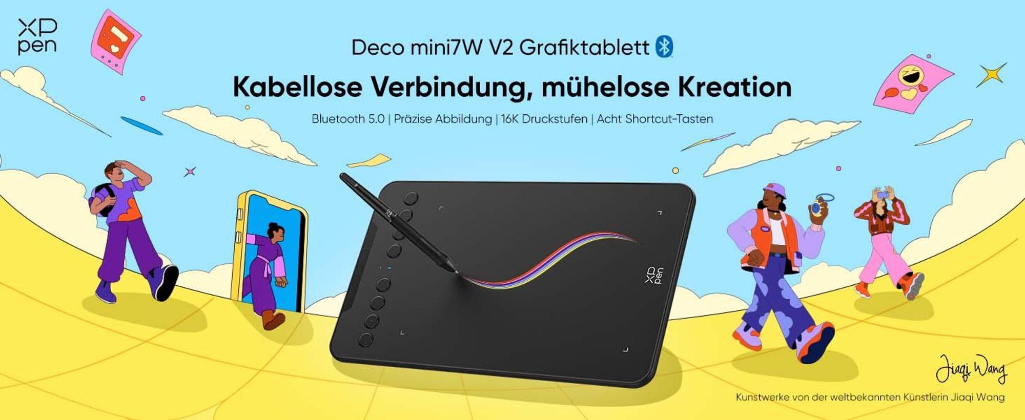 XPPen Deco mini7W V2 Kabelloses Grafiktablett, Bluetooth 5.0, 16384 Druckstufen, 8 Shortcuts, kompatibel mit Windows, macOS, Android.
