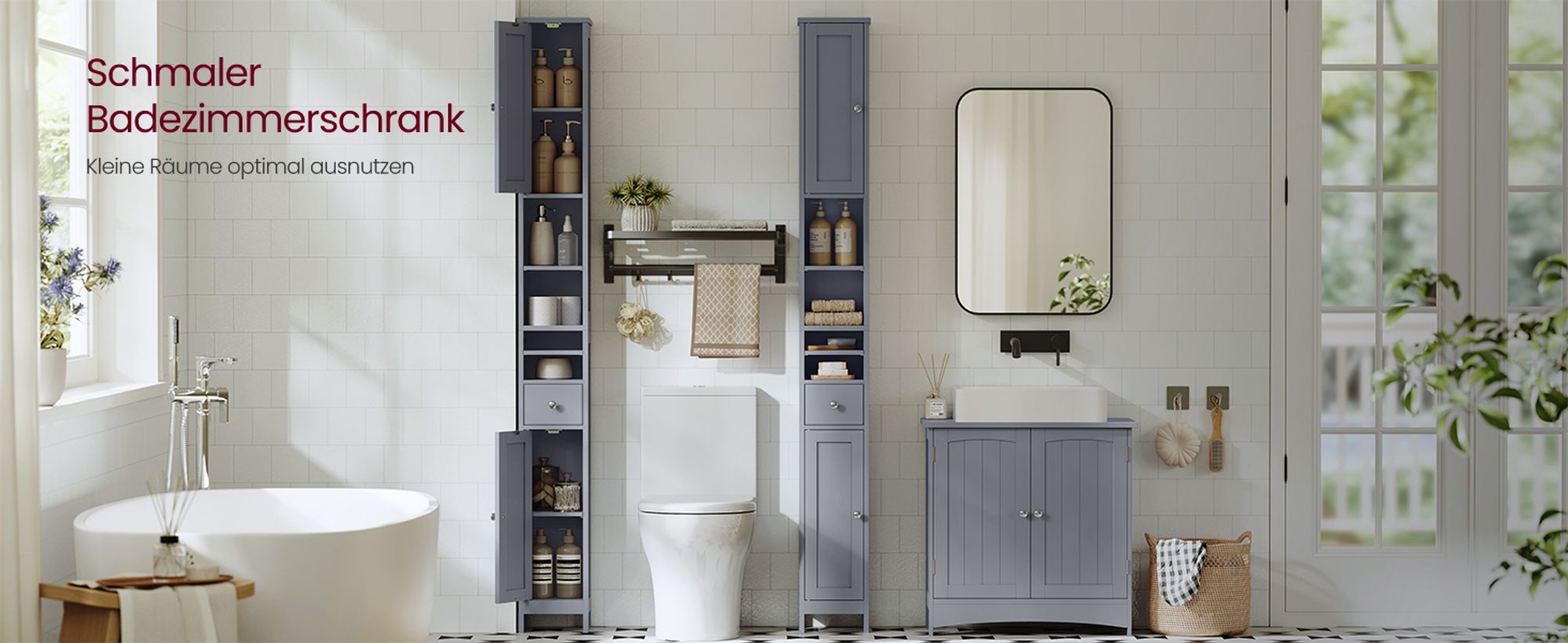 VASAGLE Badezimmerschrank, Badschrank, hoch, schmaler Aufbewahrungsschrank, mit verstellbaren Ablagen, Schublade, offenen Fächern