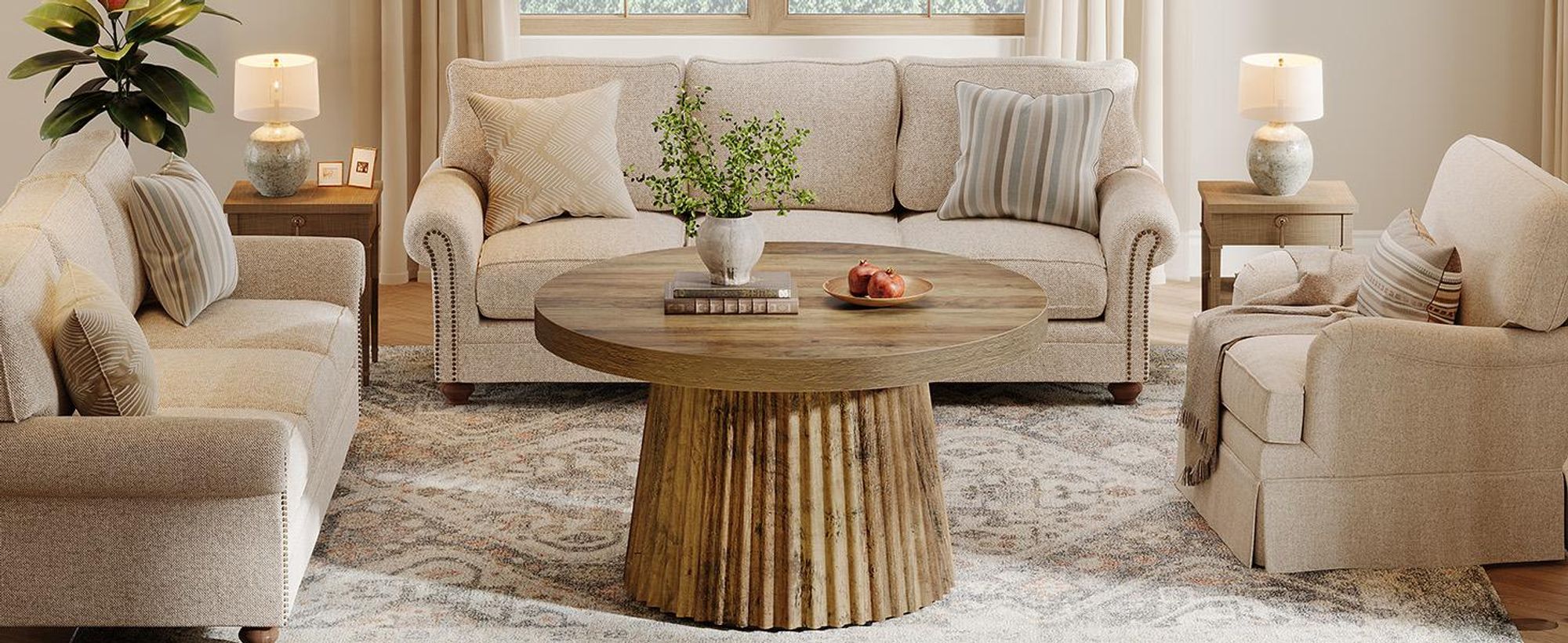 Tribesigns Runder Couchtisch, 80 cm Moderner Wohnzimmertisch mit geriffelter Trommelbasis & Holzoptik, Kaffeetisch für Wohnzimmer, Braun