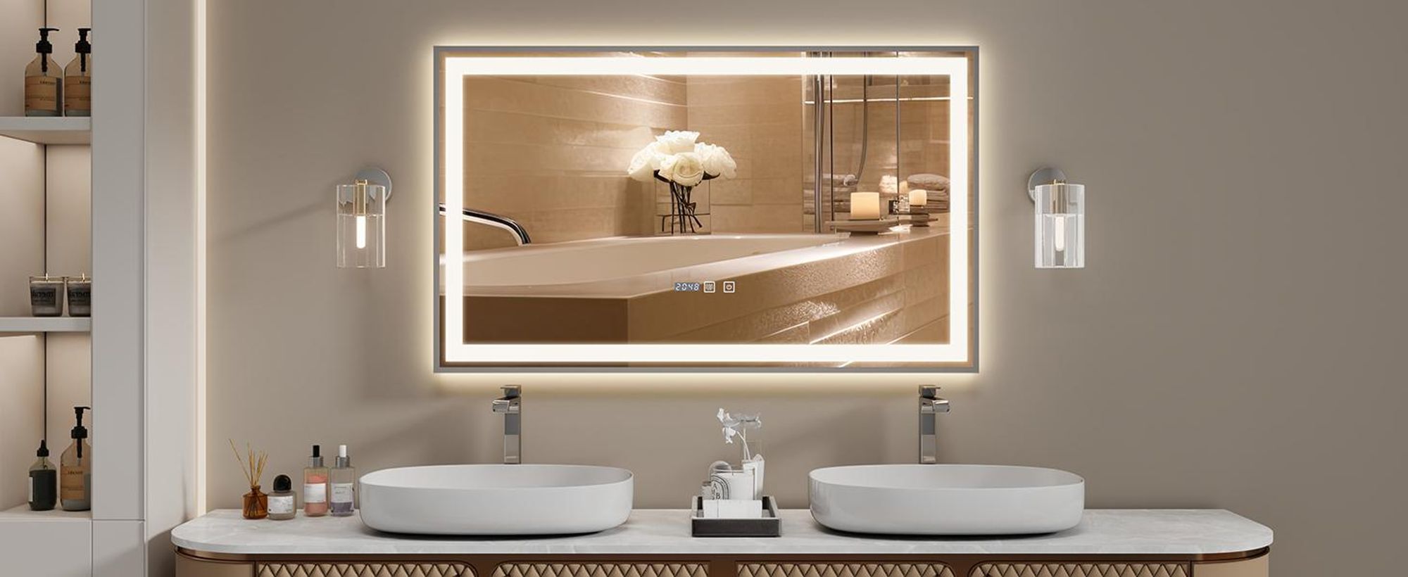 Puluomis Badspiegel 100x60 beschlagfrei mit 3 Farbe Beleuchtung, dimmbare Helligkeit, Badezimmerspiegel mit Digitaluhr, Temperatur silber