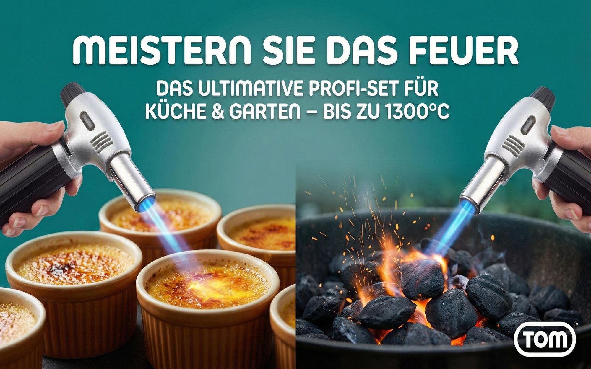 Flambierbrenner Crème Brulée Brenner Küchenbrenner Set | mit 1 x 100ml Gas Kartusche | 1300°C | Piezozündung Flambierer Gasbrenner TOM GB-400
