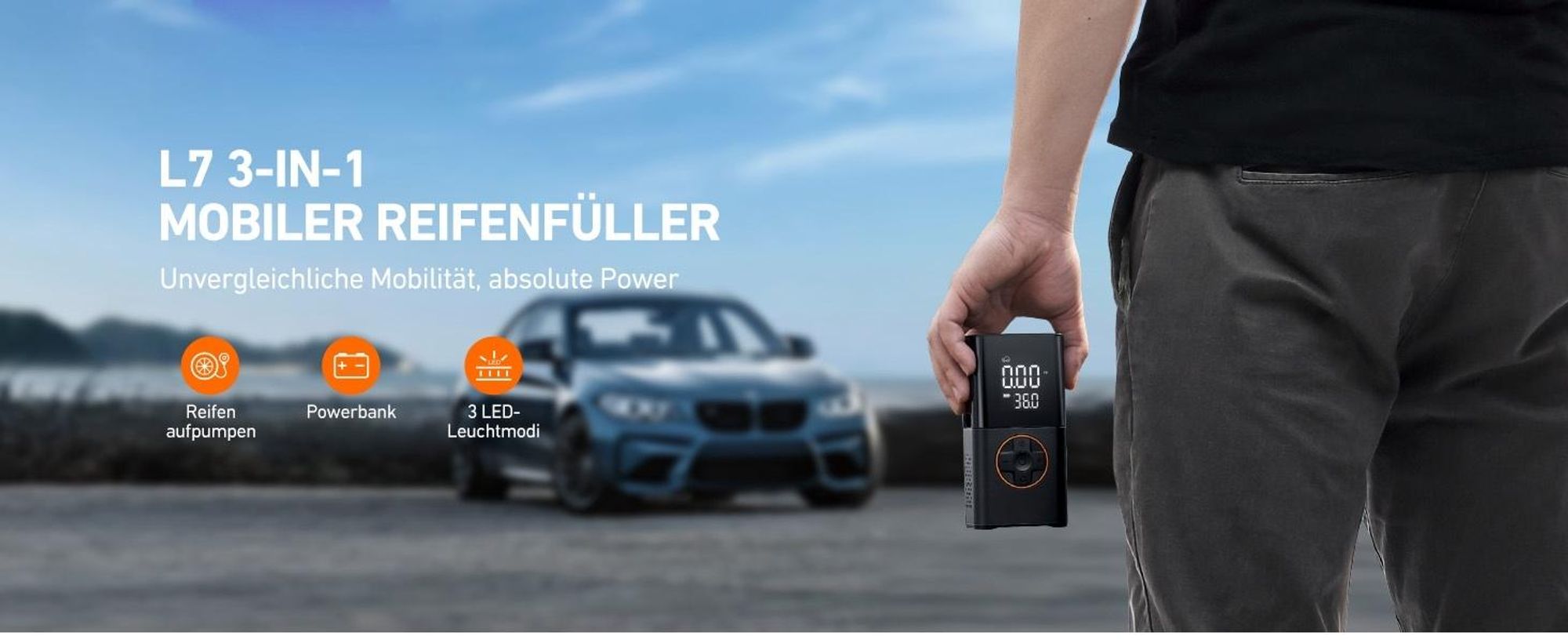 Elektrische Akku-Luftpumpe 150 PSI, 4000 mAh, Digitales Display, LED, Tragbar
