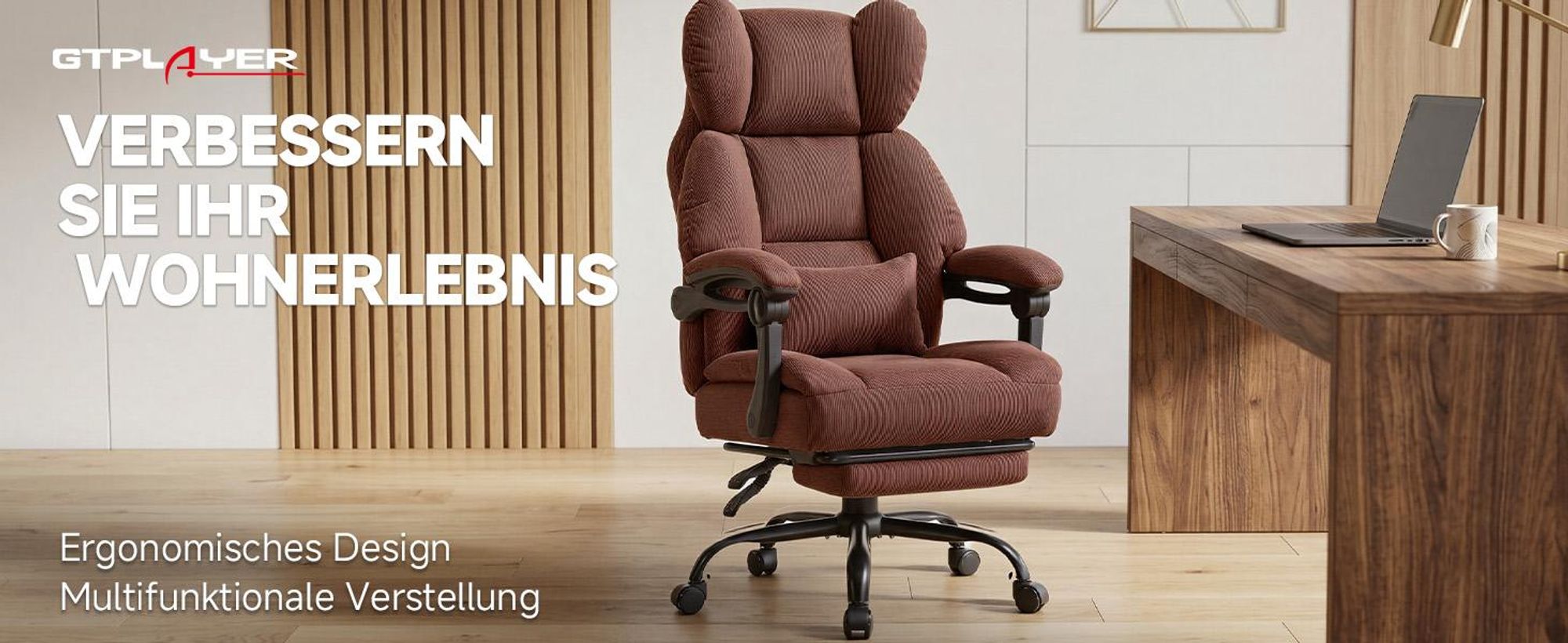 GTPLAYER Gaming Stuhl, Ergonomischer Bürostuhl mit Fußstütze und Lendenstütze, Hochlehner Chefsessel für Große, breiter Computersessel, Höhenverstellb