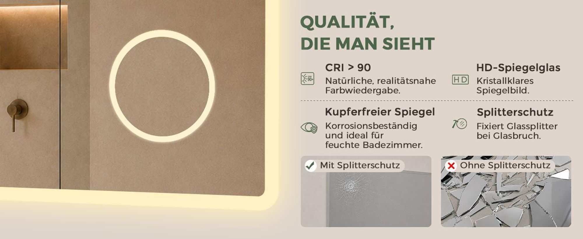 S'AFIELINA Badspiegel mit Beleuchtung und Bluetooth 5.3, 120 × 60 cm, 3× Kosmetikspiegel, Antibeschlag, 3 Lichtfarben, dimmbar, Touch & Memory