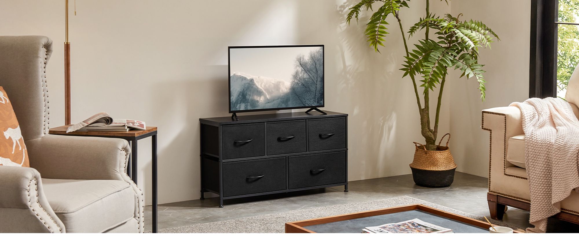 Kommode mit Stoffschubladen, Chest of Drawers mit 5 schubladenschrank, kommode schlafzimmer schubladen schrank,Stoffkommode drawer