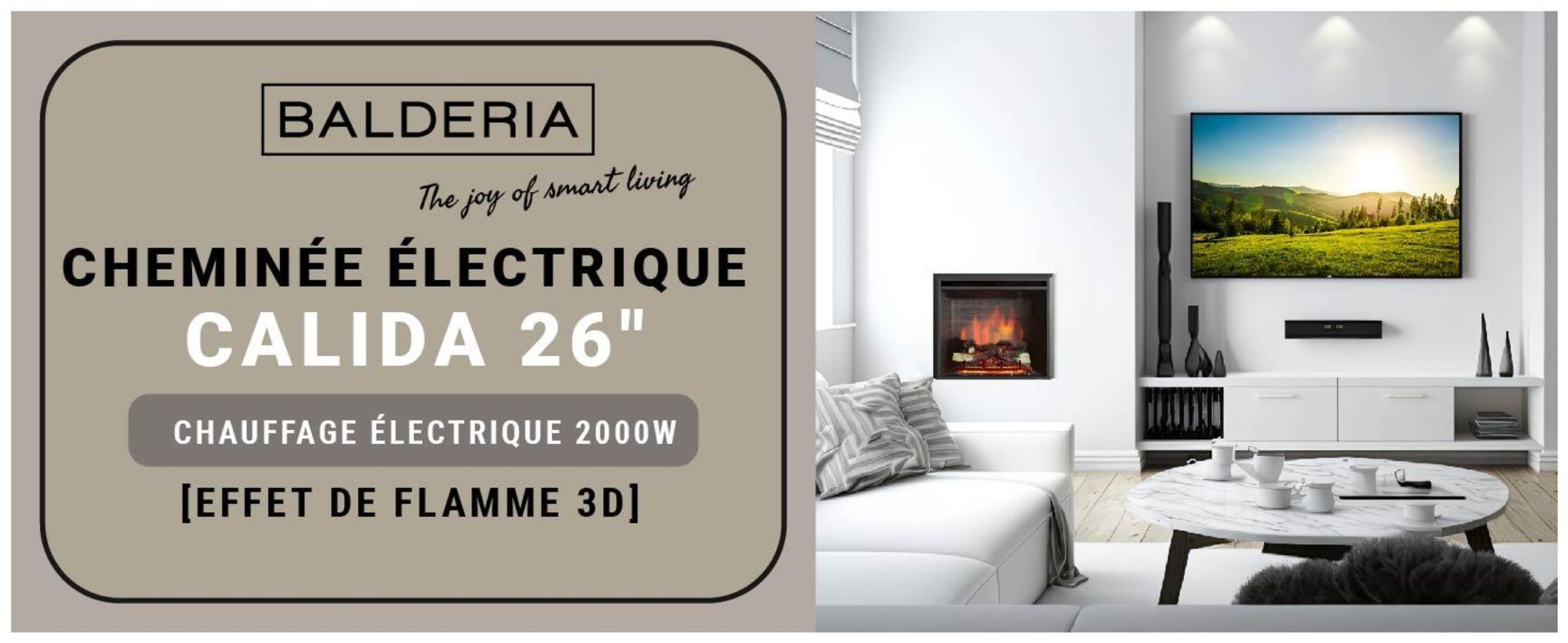 Cheminée électrique encastrable BALDERIA Calida 26 – Puissance de chauffage jusqu'à 2 000 W, noire