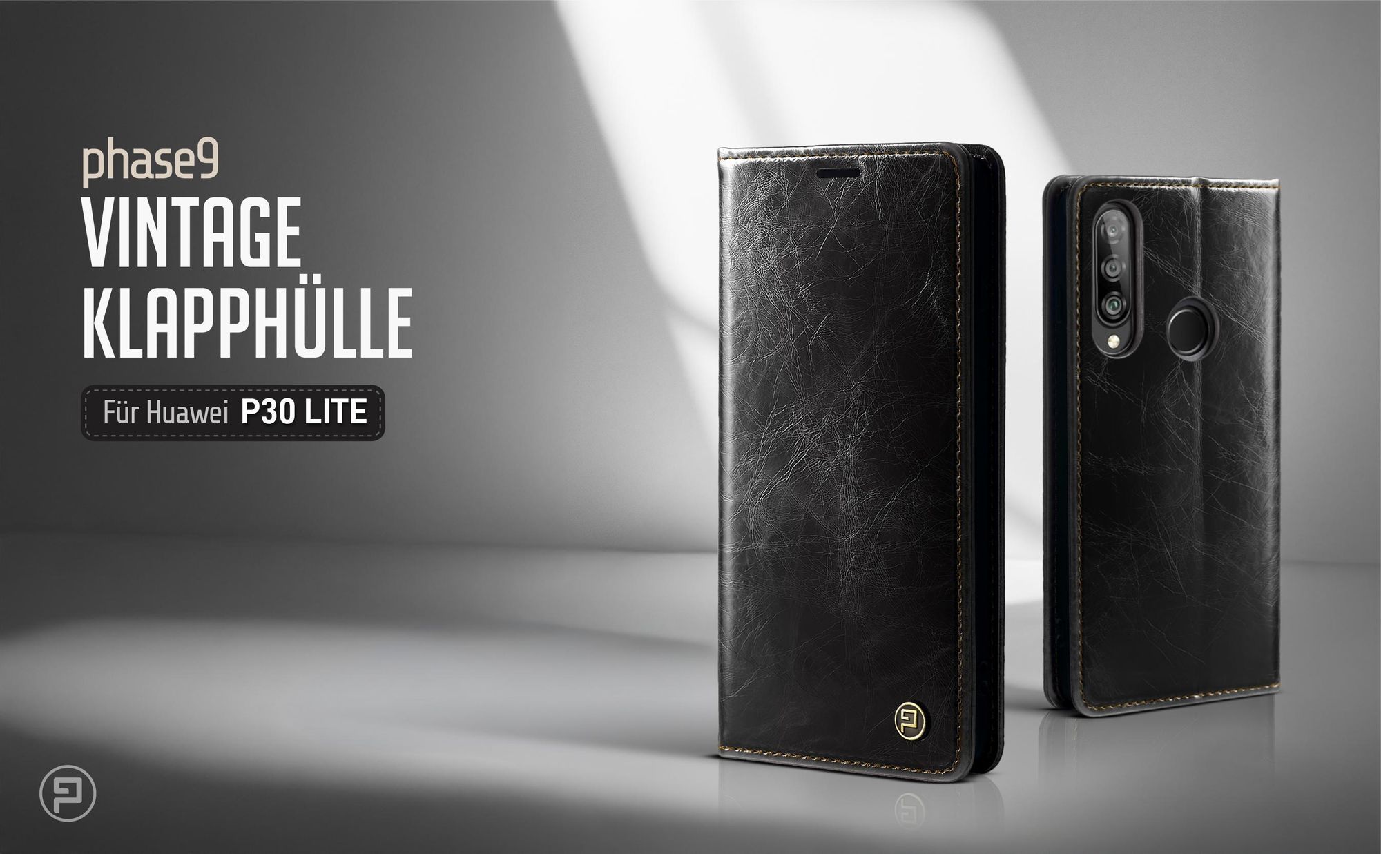 Schwarze Klapphülle für Huawei P30 Lite im klassischen Vintage Look