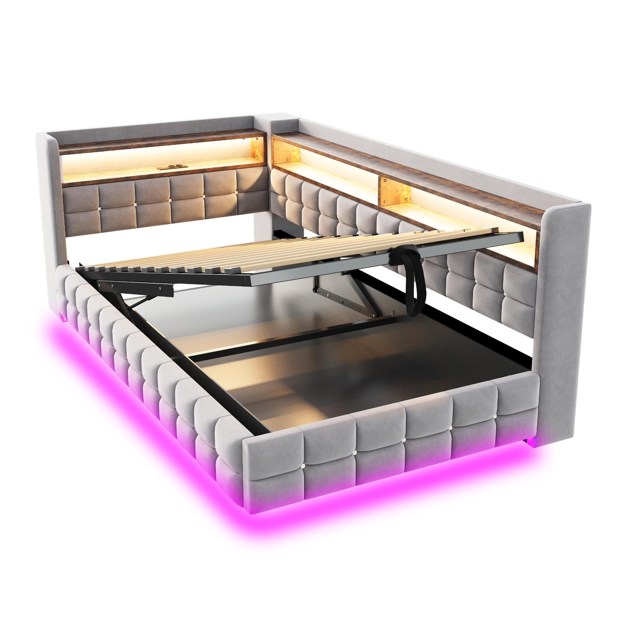 Merax Polsterbett Schlafsofa 90x200cm mit LED-Beleuchtung, Tagesbett mit Hydraulischer Stauraum und Holzregal,USB-Ladeanschlüsse,Samtstoff,Hellgrau