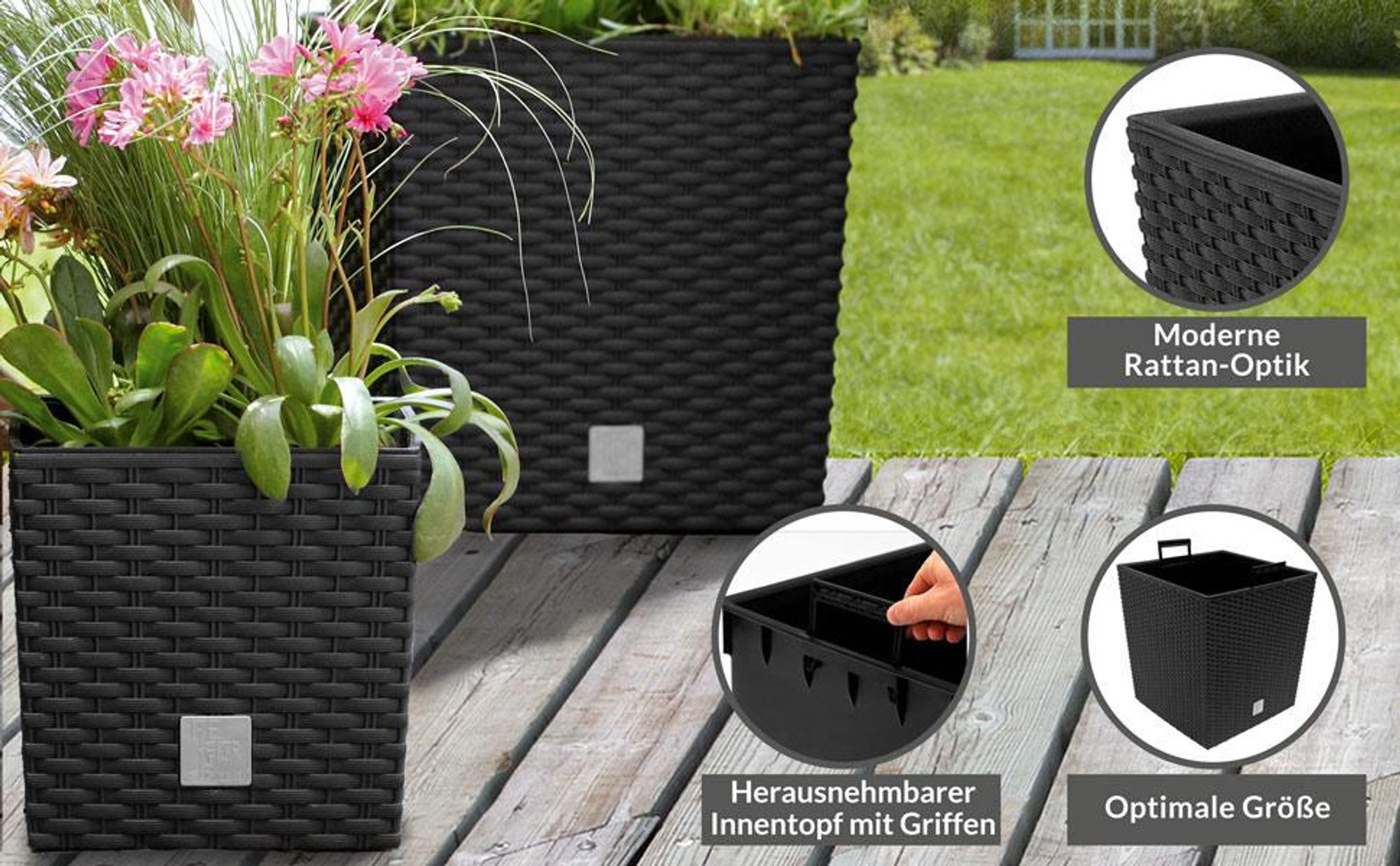 DEUBA Blumentopf 64L 40x40x41cm Rato Low Innentopf Mit Griffen Wetterfest Rattanoptik Pflanzkasten Übertopf Pflanzkübel Blumenkasten Quadratisch Anthrazit