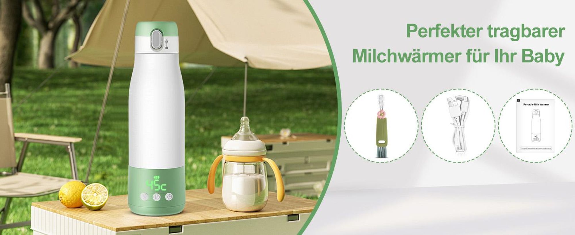Tragbarer Flaschenwärmer Baby unterwegs für Muttermilch und Wasser, 350ml mit Reinigungsbürste für Reisen, Schnelles Aufheizen, Edelstahl 316, 9000mAh