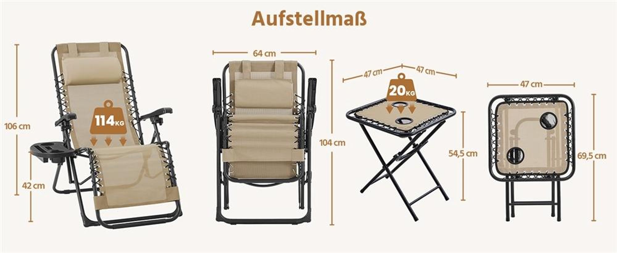 Yaheetech 3-tlg. Liegestuhl Set, inkl. 1 Beistelltisch & 2 klappbare Gartenliegen, mit Nackenkissen & Becherhalter & verstellbarer Rückenlehne