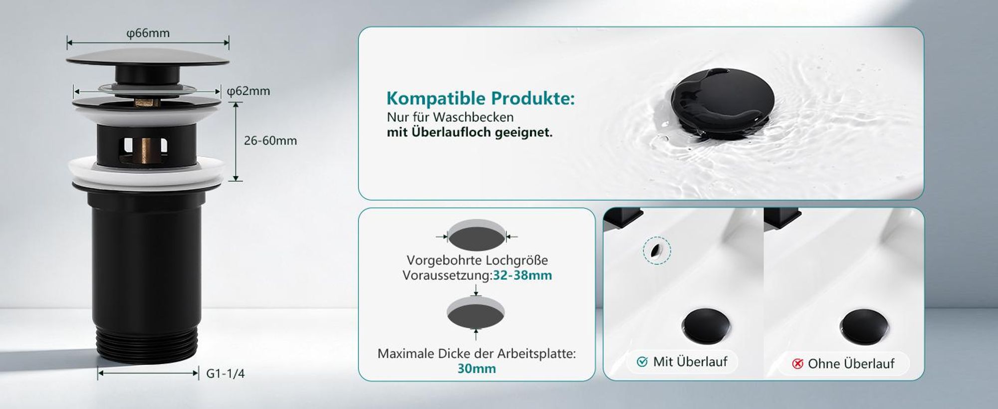 Homelody Badarmatur mit Pop-Up Ablaufventil, Wasserhahn Bad Schwarz Edelstahl,Waschtischarmatur mit Ablaufgarnitur 1 1/4 Zoll Edelstahl Ventil Ablauf
