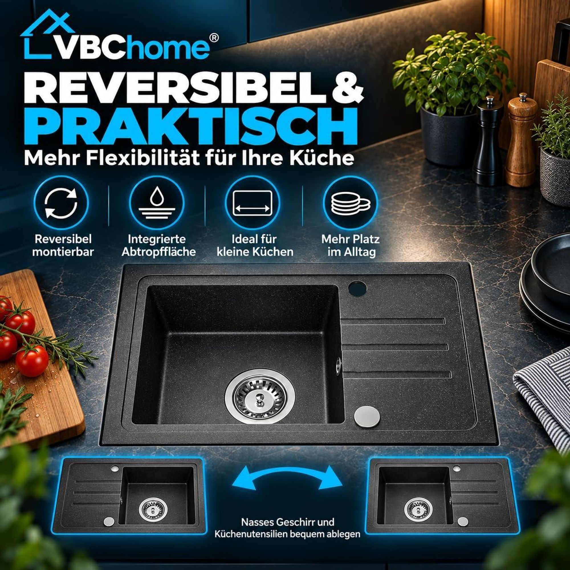 VBChome Spülbecken Granit Schwarz 55 x 44 cm Einzelbecken Einbauspüle Gesprenkelt Reversibel Granitspüle Schwarz Siphon Waschbecken