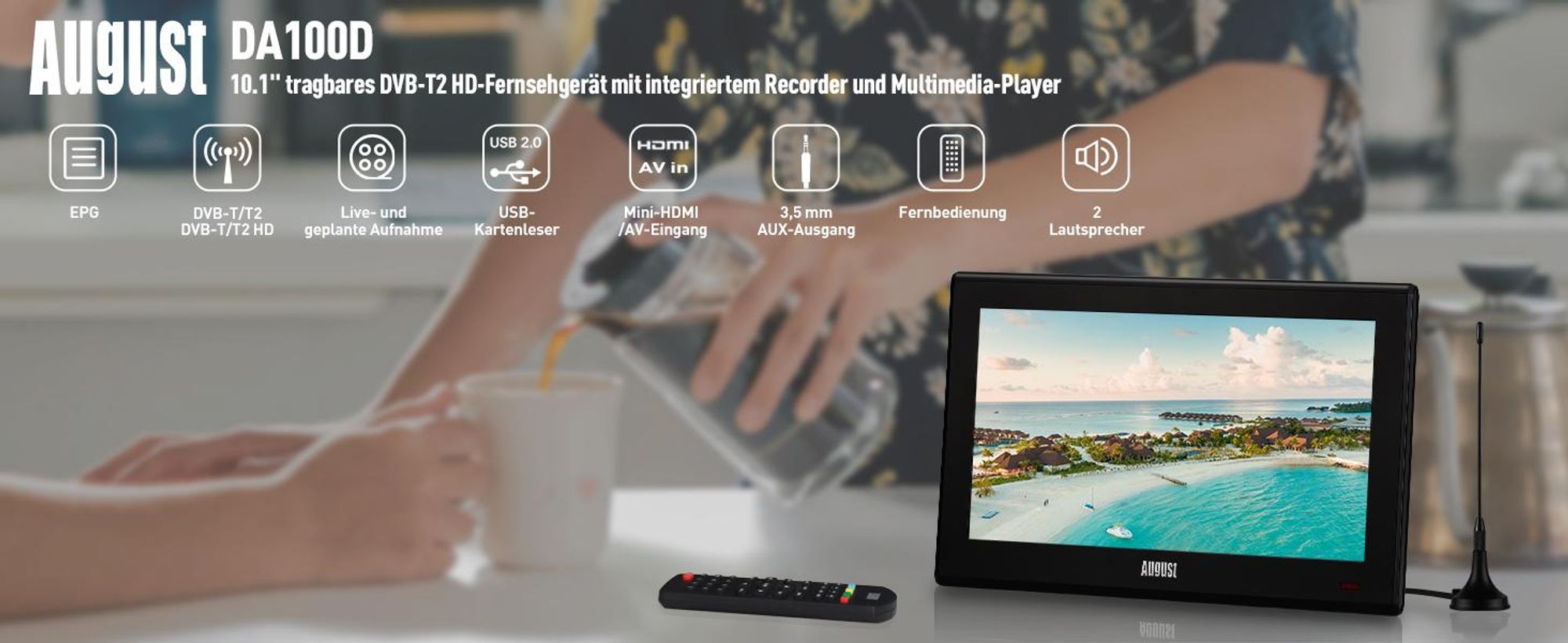 AUGUST LCDTV tragb. 10.1'' DVB-T2 USB MicroSD-Slot 1024x600dpi E sw DA100D