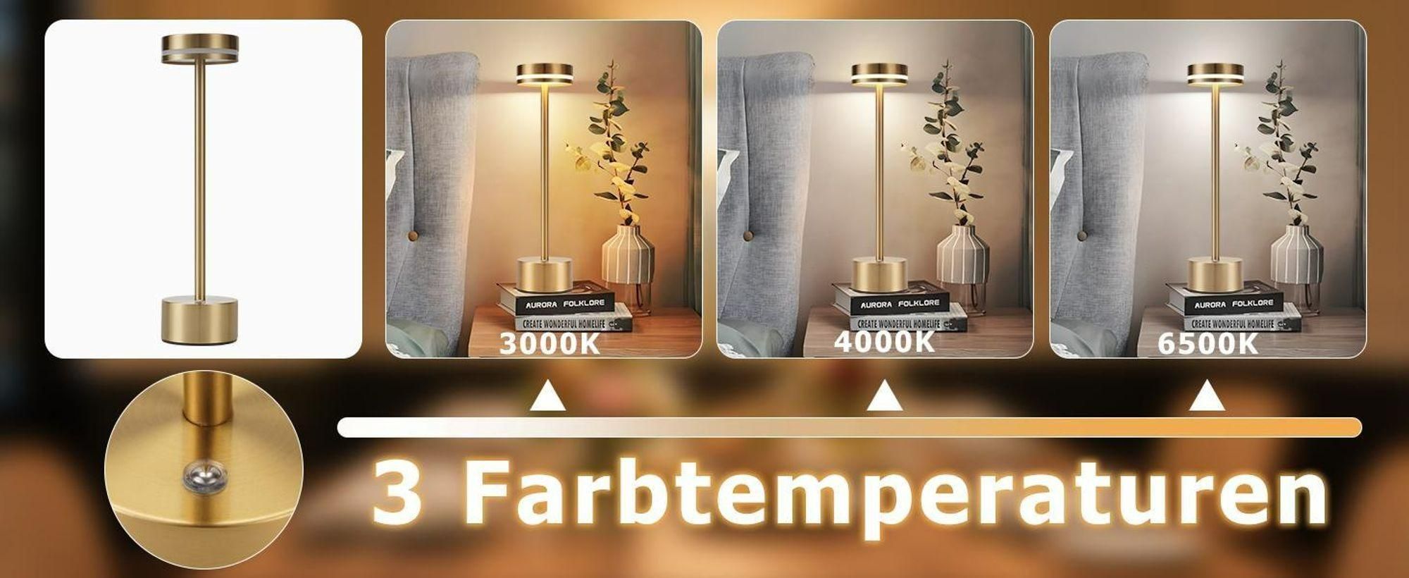 Kabellose Dimmbare LED Tischleuchte, Wiederaufladbar 1800mAh Schreibtischlampe für Restaurants Bars Schlafzimmer Gold