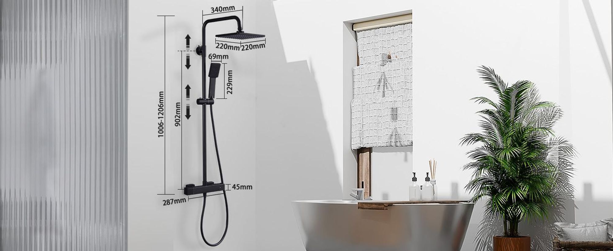 Homelody Duschsystem mit Thermostat Regendusche Regenkopf Runde Duschsäule Duscharmatur 38℃ inkl. Handbrause höhenverstellbar Duschstange Schwarz