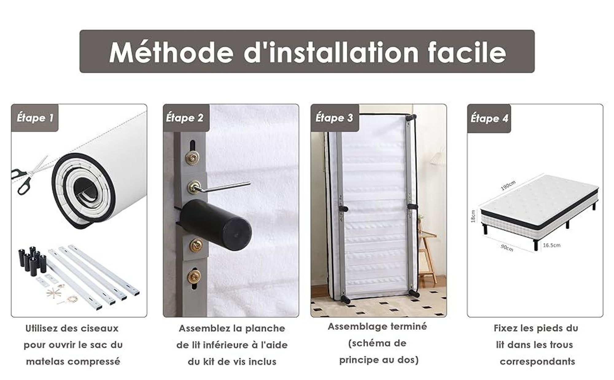 DEWINNER Ensemble Matelas 90 x 190 CM avec Sommier, Matelas à Ressorts ensachés et Robuste Cadre de lit en Fer avec 6 Pieds, Lit Complet, épaisseur 18