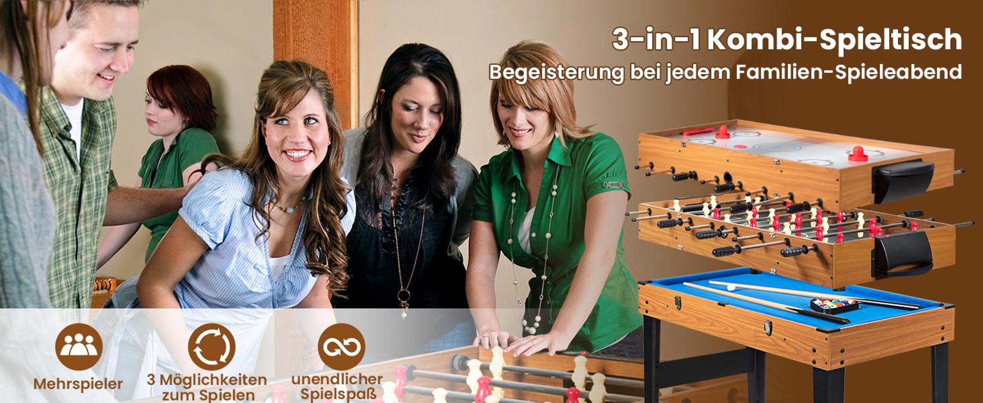 COSTWAY 3 in 1 Spieltisch, Tischkicker mit Tischfußball, Billard & Airhockey, Multifunktionstisch mit Metallrahmen & Zubehör, Kickertsich