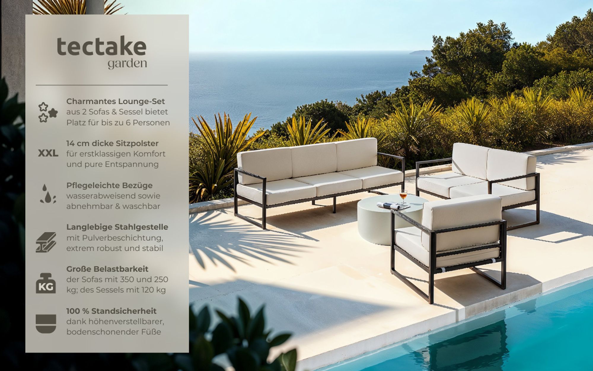 tectake® Garten-Loungeset Comosa für 6 Personen, XXL-Polsterung