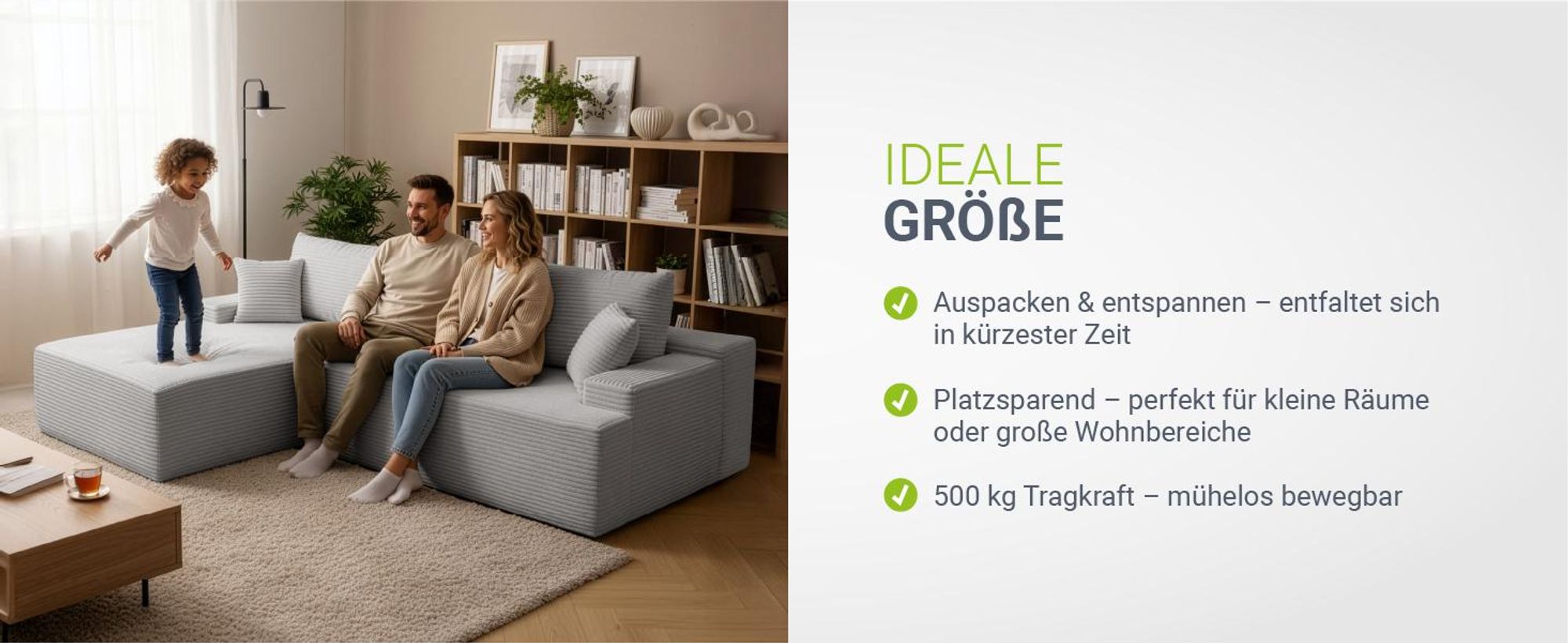 Juskys Sofa Coredo - Hellgrau, moderne Couch aus Cord mit Kissen, Ottomane links