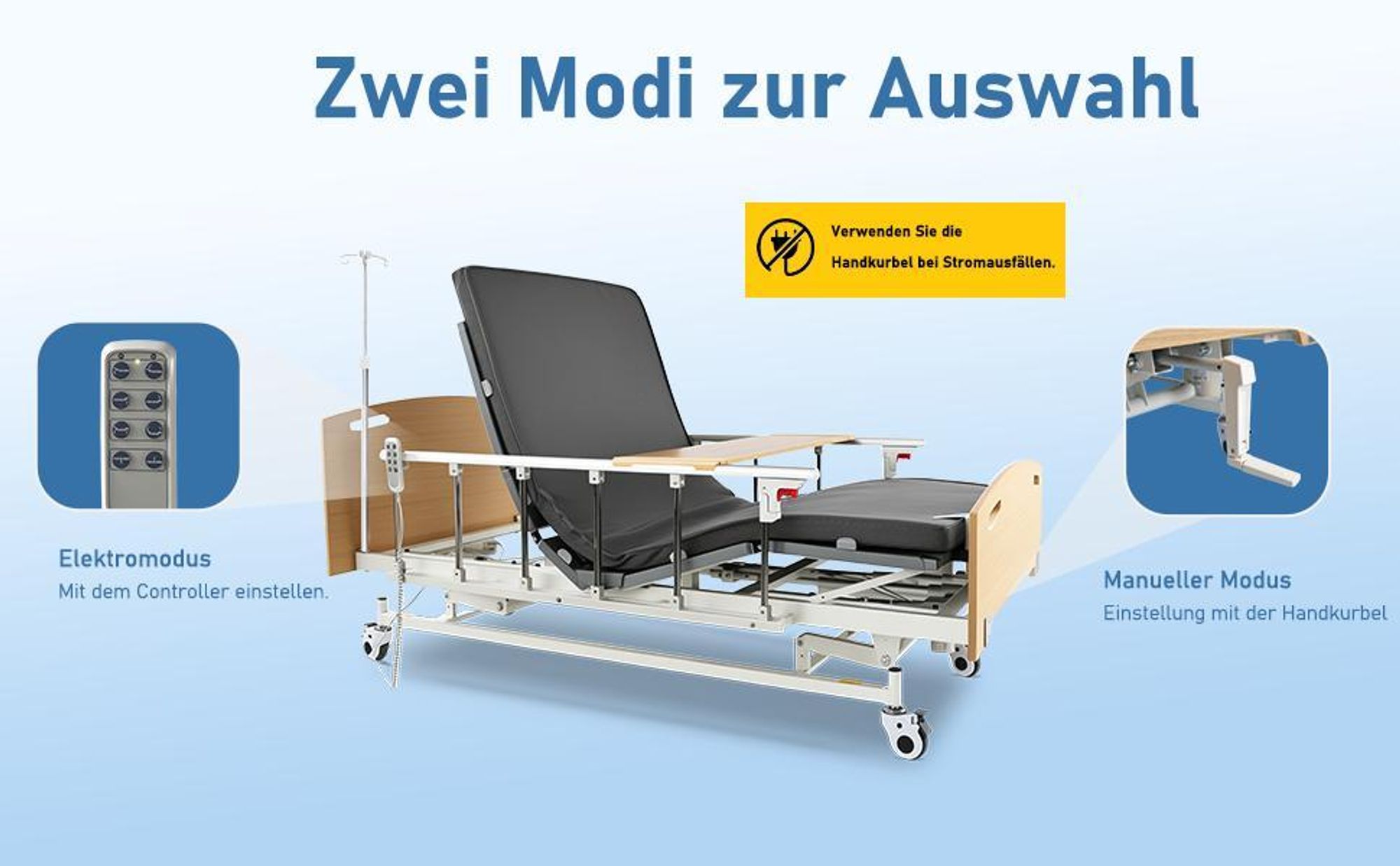 Elektrisches Pflegebett 4 Funktionen, höhenverstellbares Krankenbett 29–60 cm mit Matratze, Seitengitter, Tischplatte, Infusionsständer, 205 kg