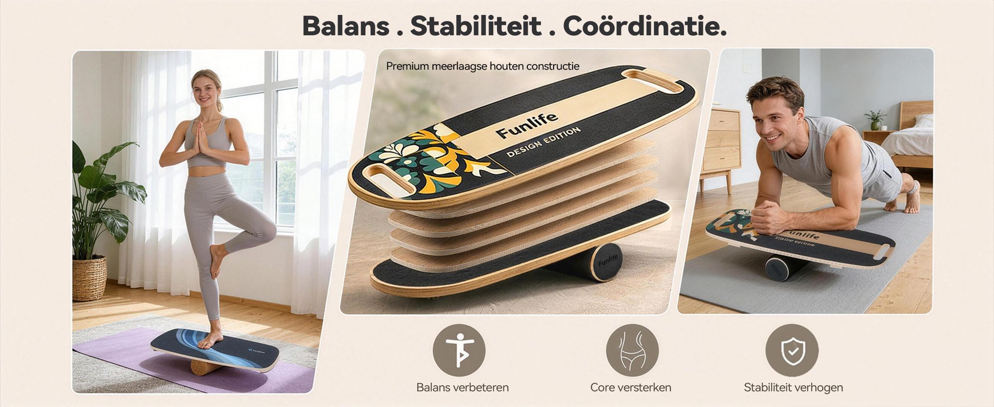 FunLife MOVE Balance Board met rol – Balance trainer met een 3-traps balanssysteem voor core-training, evenwicht, coördinatie en stabiliteit