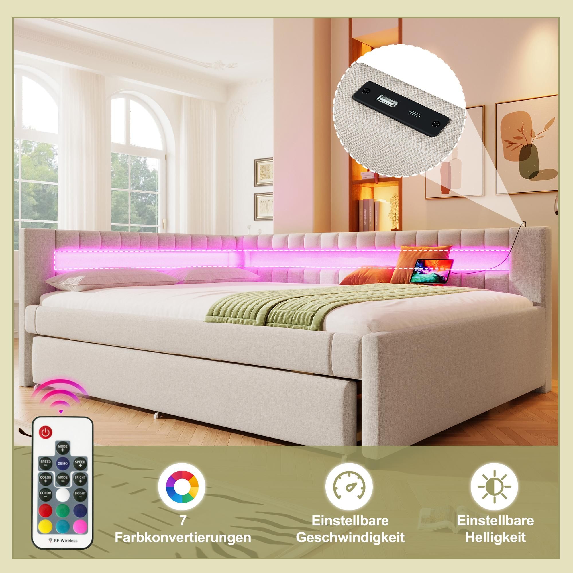 Merax Tagesbett Daybett 140x200 cm, mit Ausziehbett 90x190 cm, LED, USB und Type-C, Schlafsofa, Schlafsofa, Beige