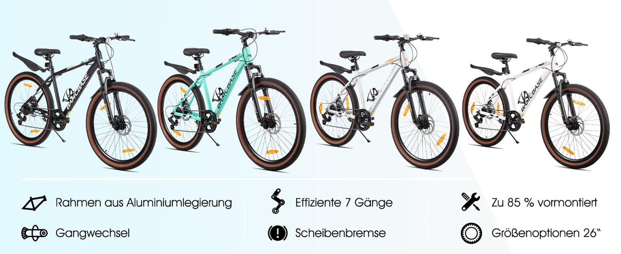 26 Zoll Mountainbike mit Aluminiumrahmen, ergonomischer Sattel für ermüdungsfreie Langstreckenfahrten, Shimano 7-Gang & mechanische Scheibenbremsen