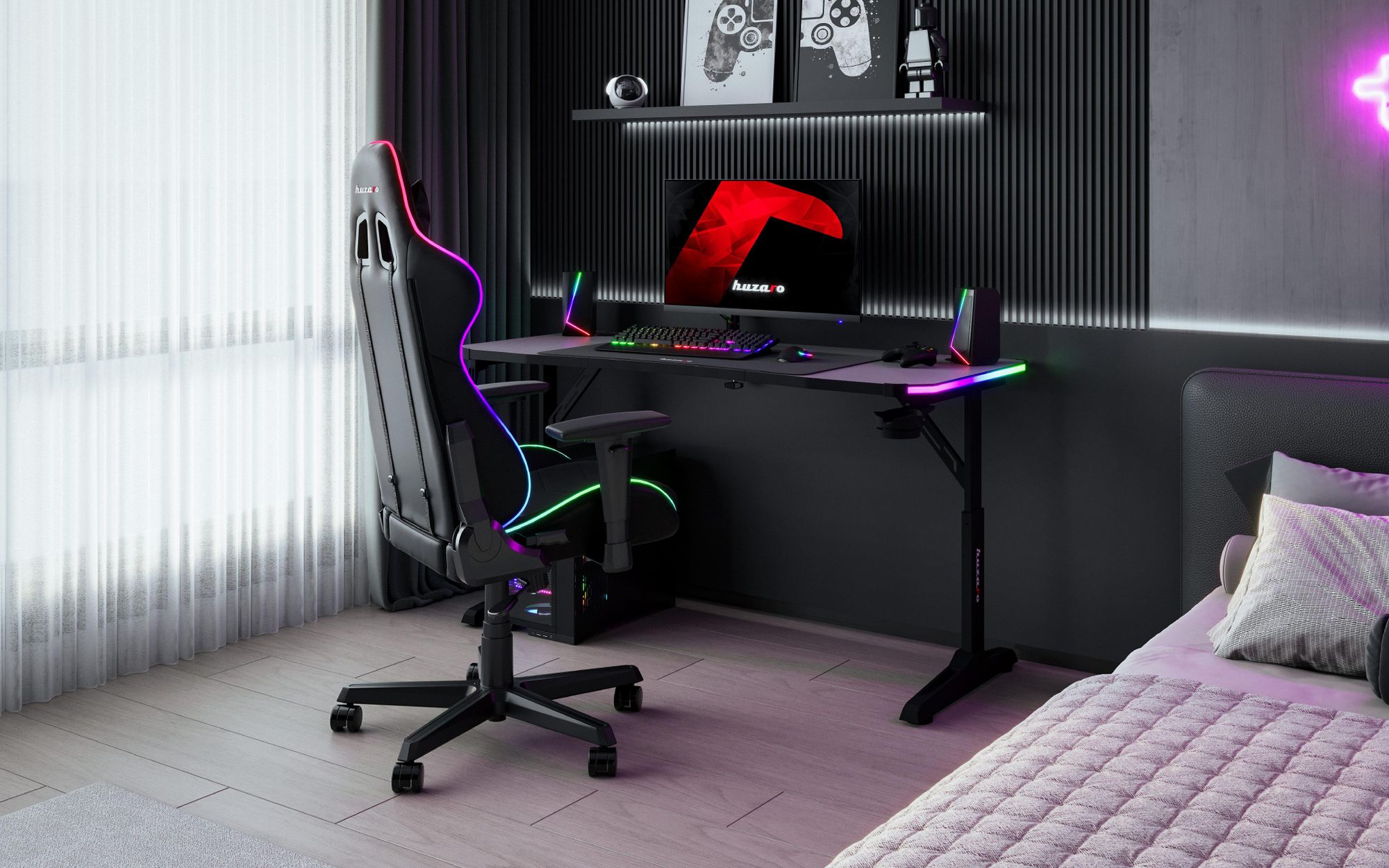 Huzaro Hero 3.6 RGB Gaming Tisch – höhenverstellbar 140x60 cm, LED-Beleuchtung, Carbon-Oberfläche, XXL-Mauspad, Halterungen