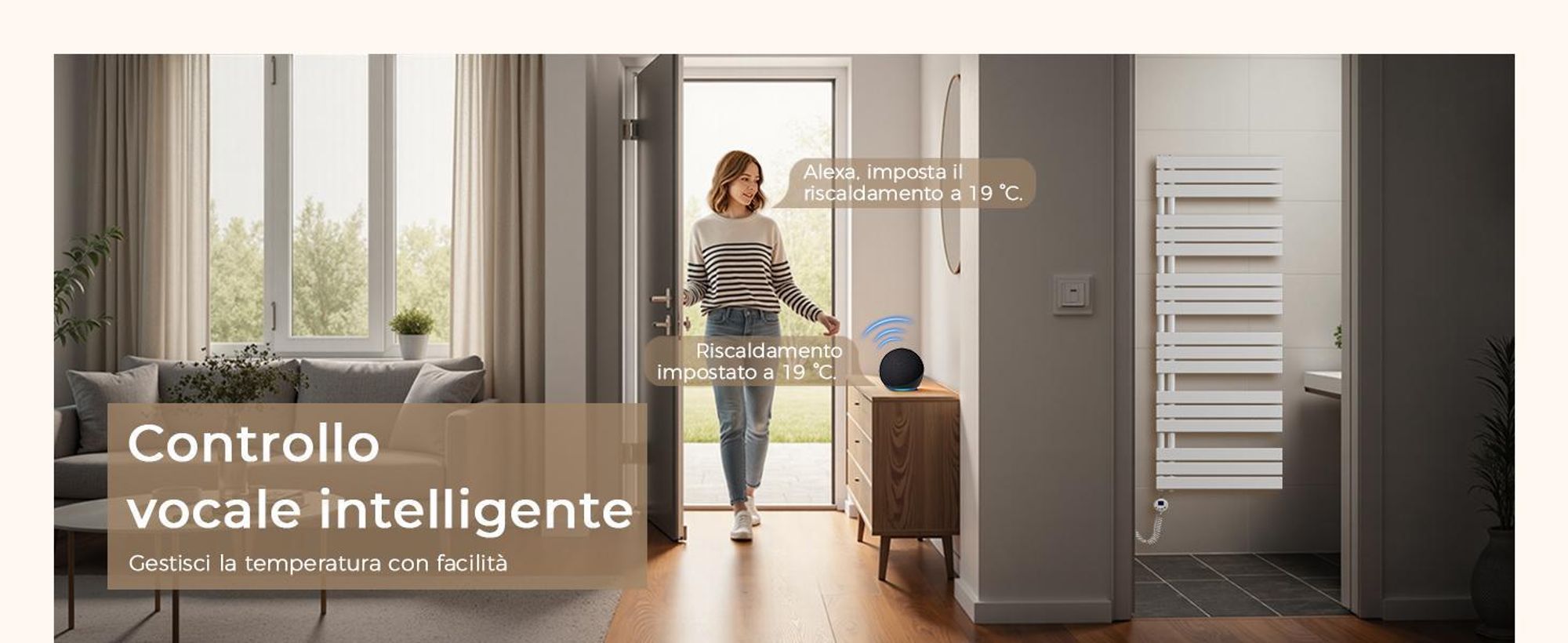 S'AFIELINA 1041x500mm Scaldasalviette elettrico bagno WiFi, termoarredo con termostato, programmabile, LCD, 600 W, asciugamani a basso consumo, bianco
