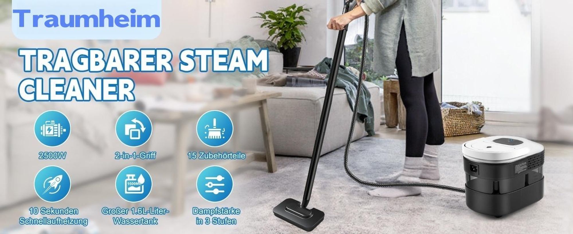Dampfreiniger, 2500W Hand Dampfreiniger für alles mit 15 Zubehör, 4.5 bar Dampfdruck 1,6L Tank,Tragbarer Steam Cleaner für Fenster, Küche, Boden,Auto