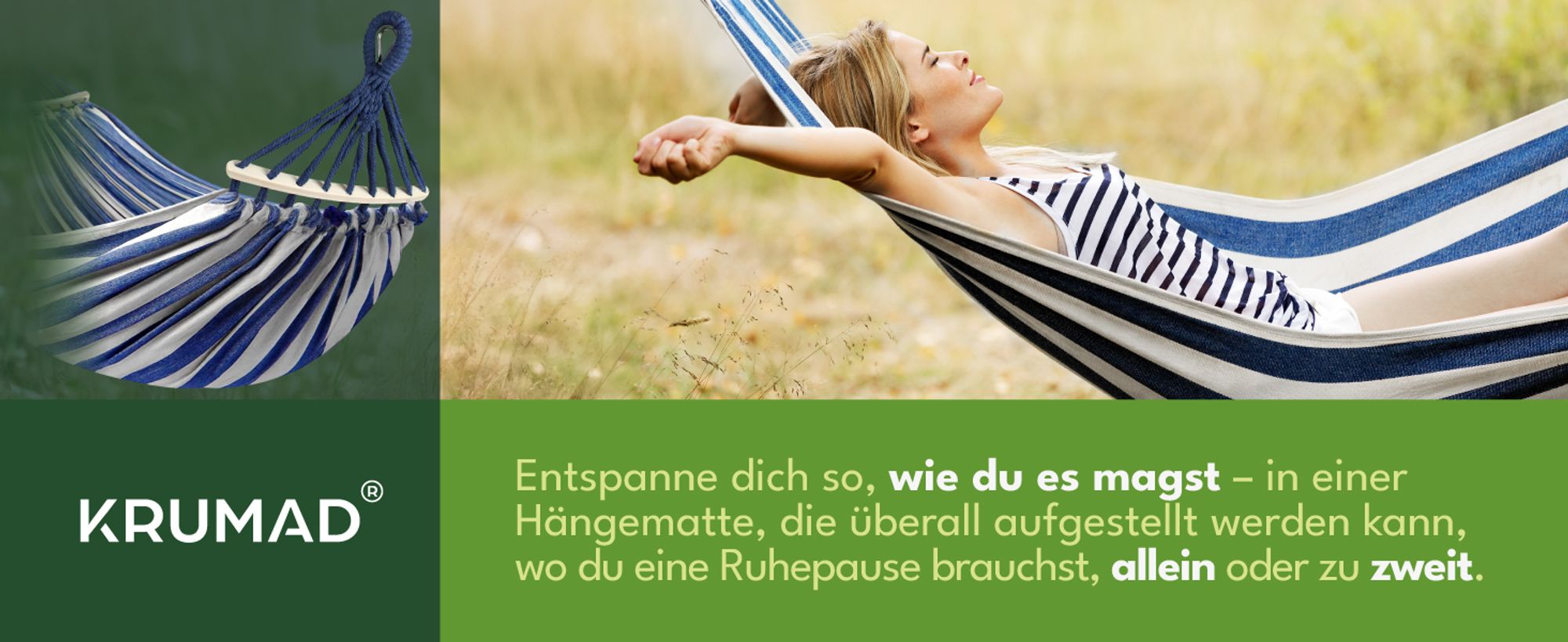 KRUMAD Hängematte 260 cm Belastbar bis 250 kg Wetterfest Baumwoll-Polyester für Garten Balkon Camping mit Holzstreben & Tragetasche