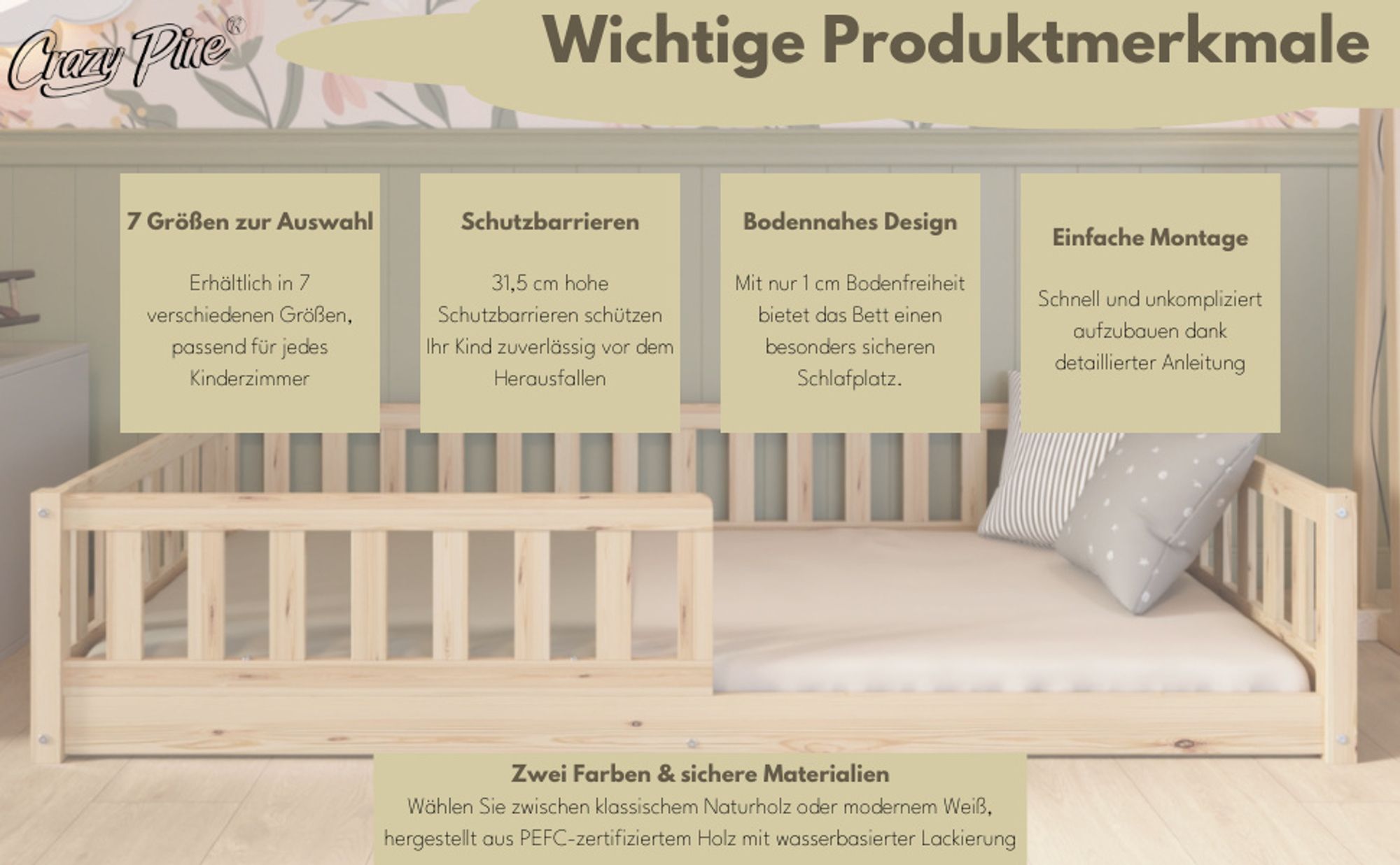 Crazy Pine Kinderbett 120x200 cm – Massives Montessori Bodenbett aus Holz in Weiß mit Rausfallschutz – Crazy Basic