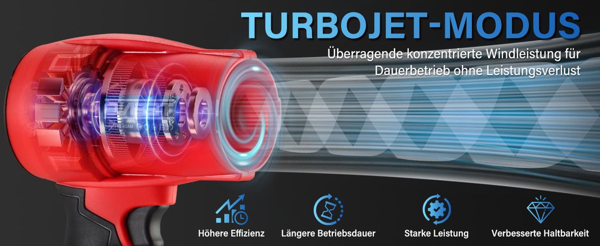 TEENO - Kabelloser Laubbläser 21V – 3 Geschwindigkeiten Max 35000 U/Min, Leicht, Kompakt, 3 Düsen Enthalten, 2x6,0Ah Akkus - Ladegerät