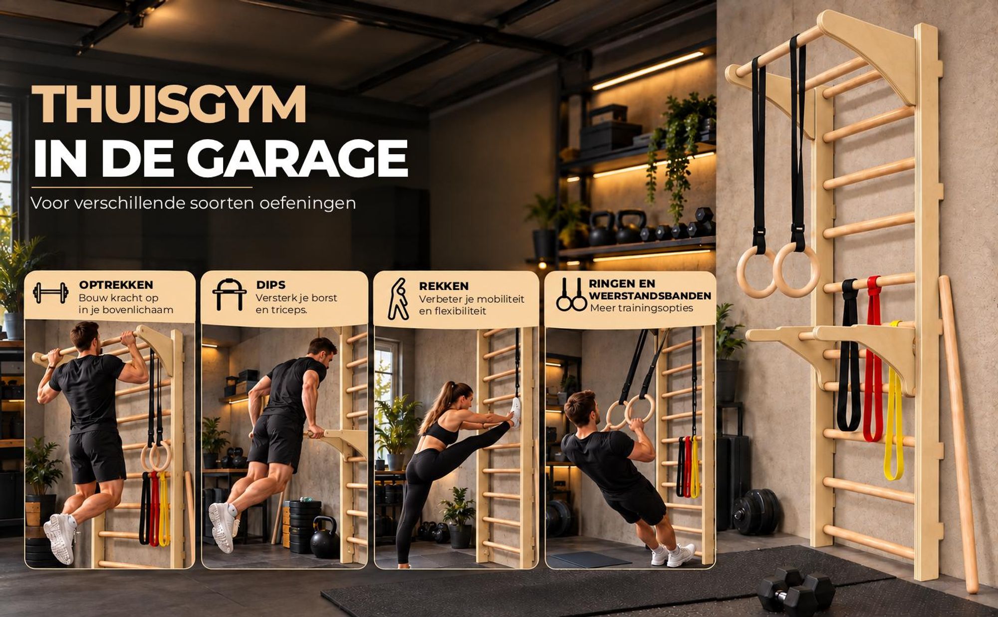 MAMOI Zweedse ladder met optrekhandgreep, weerstandsbanden en stok