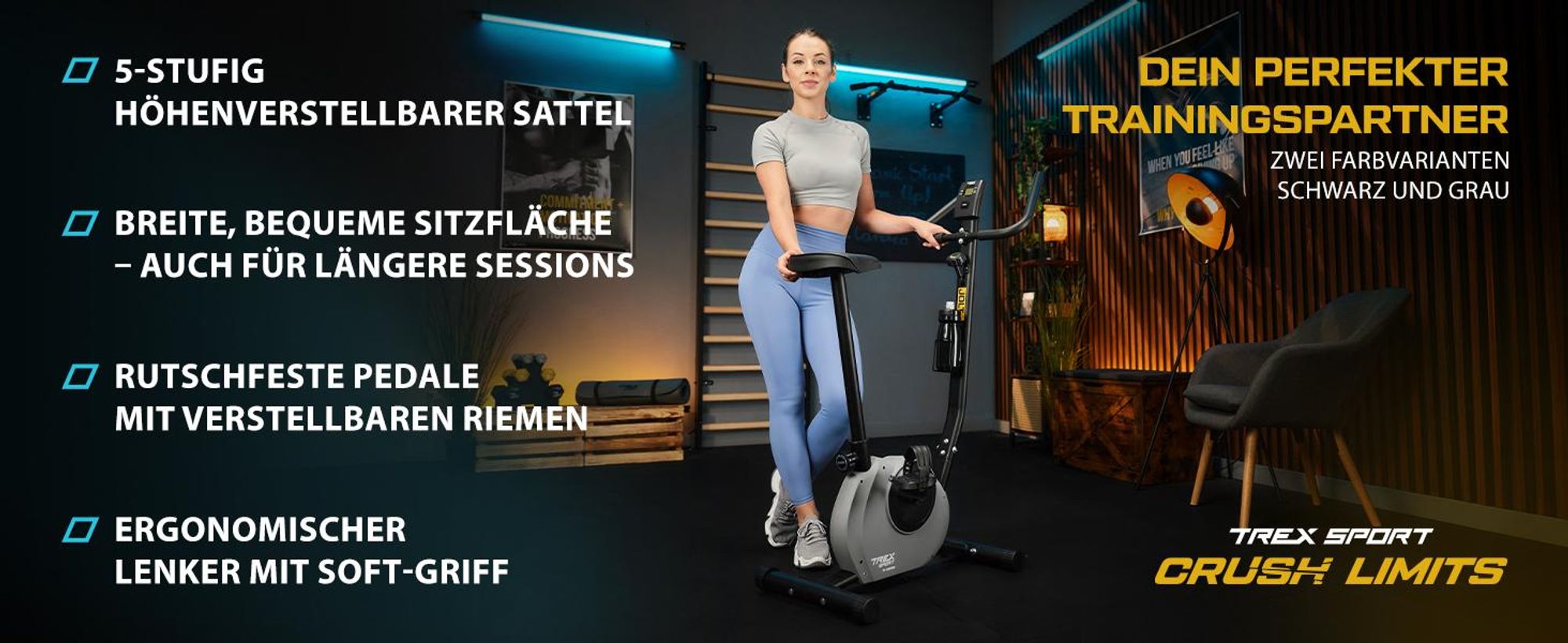 TREX SPORT Heimtrainer Fahrrad TX-250MB JOLT | Mechanisches Fitnessbike | Fahrrad für zuhause bis 100kg mit Pulssensor, 5 Sitzhöhen, stabil | Grau