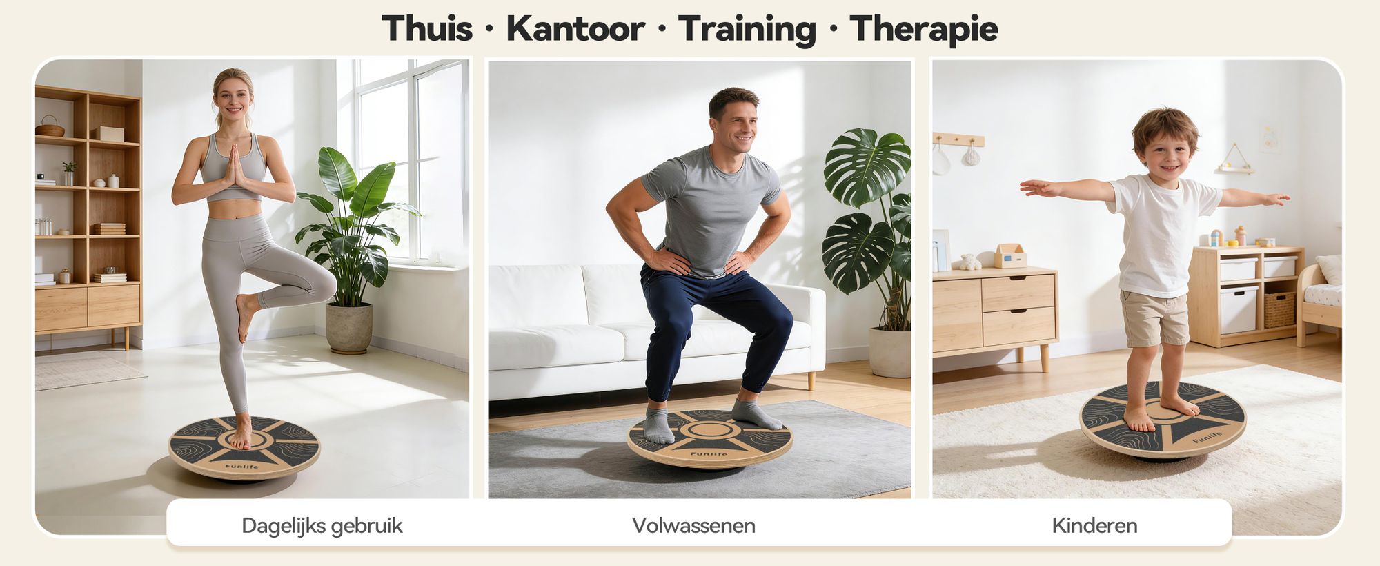 FunLife TERRA balansbord, rond, gemaakt van berkenhout – 360° balanstrainer voor core-training, coördinatie en stabiliteit, geschikt tot 100 kg