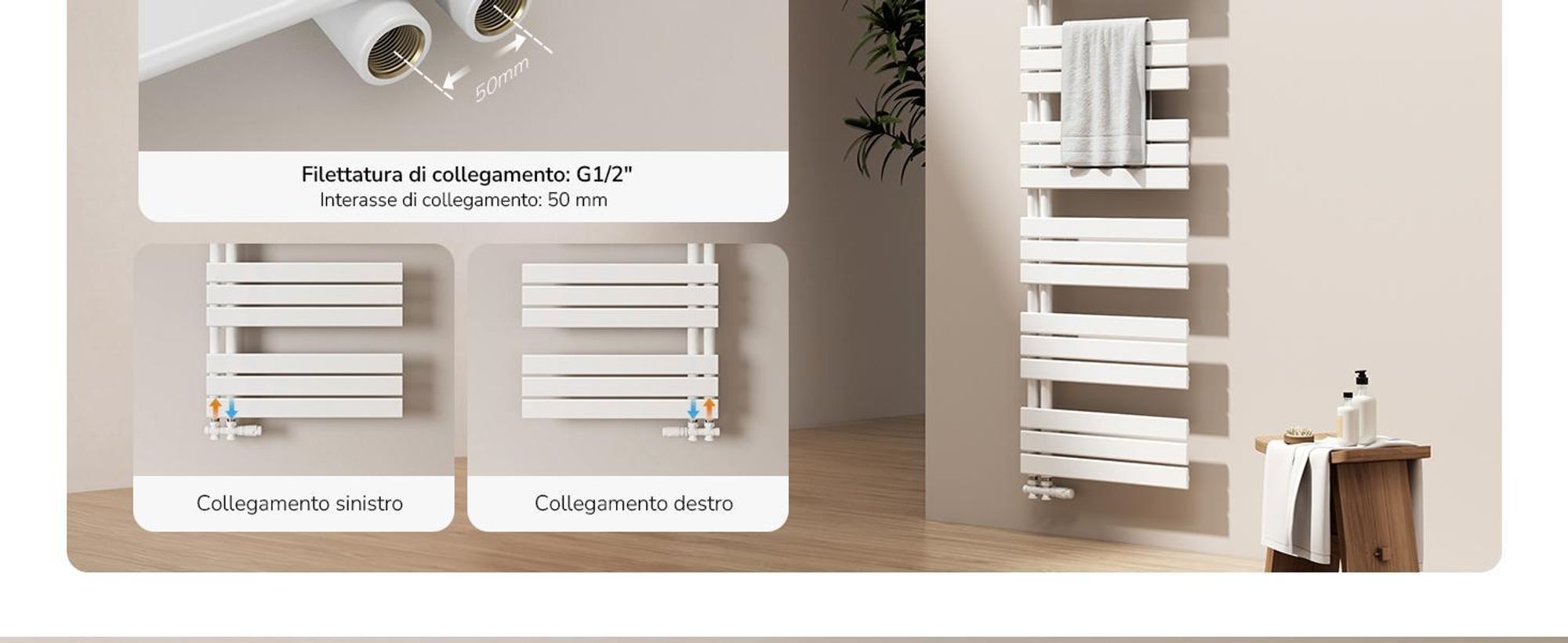 EMKE Radiatore da bagno Radiatore a pannello Attacco laterale Montaggio a parete Acqua calda Asciugamani elettrico Scaldasalviette 1320 x 400 mm Bianco senza resistenza elettrica