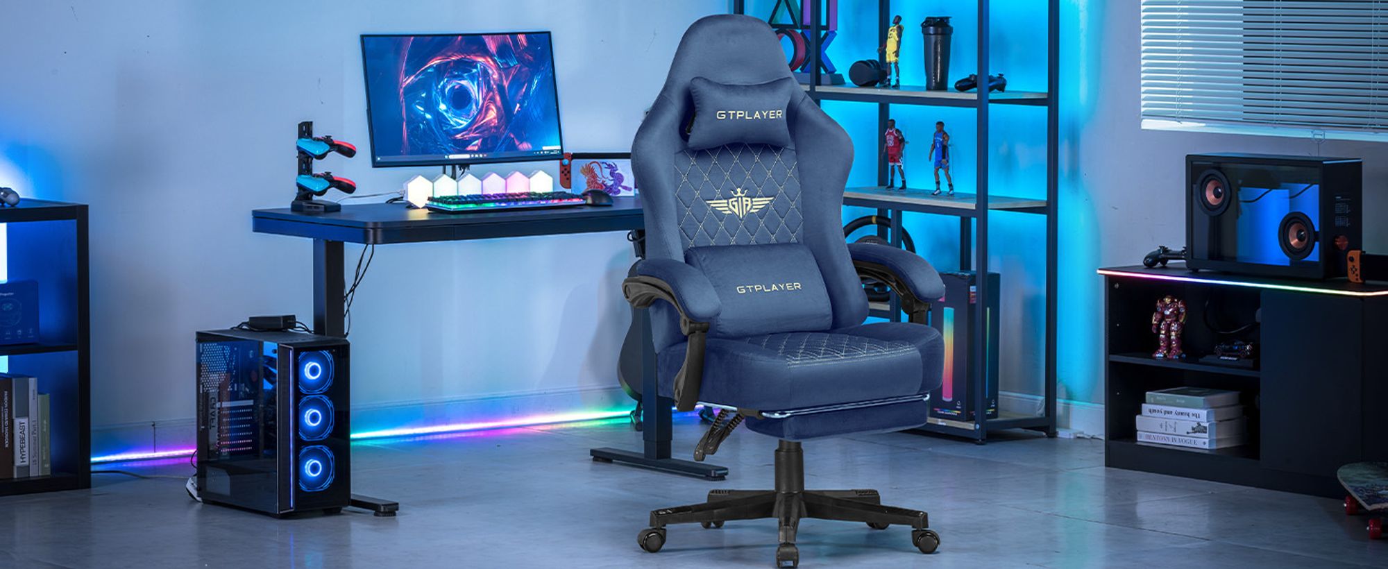 GTPLAYER Gaming Stuhl Stoff Gaming Chair Ergonomisch Bürostuh PC Stuhl,  Verstellbarer und Drehbarer Schreibtischstuh mit Fußstütze, Blau