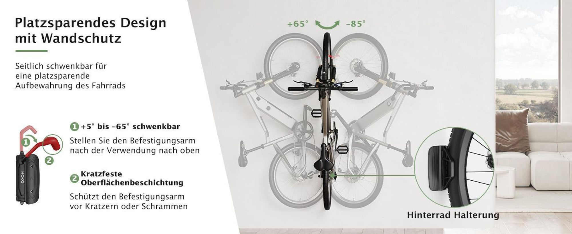 HOKO-VELO 30 Suspension de vélo pour le mur avec support de roue arrière en cadeau. Pivote sur le côté pour un rangement peu encombrant du vélo