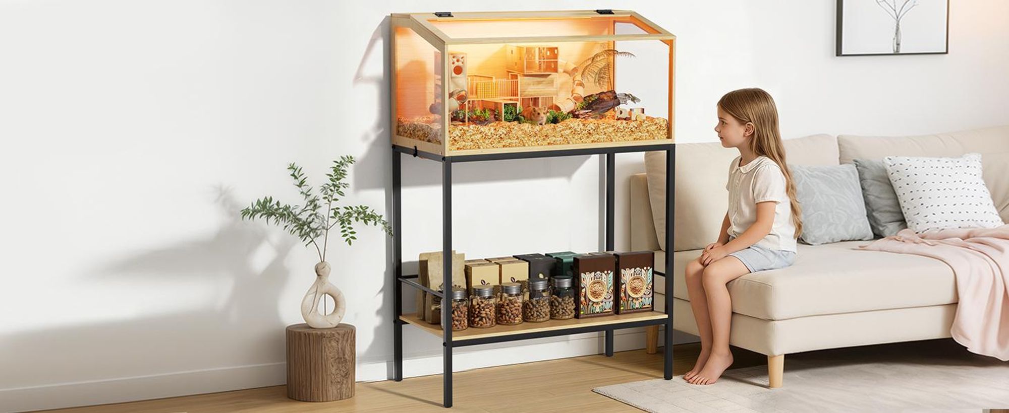 WISFOR Hamsterkäfig mit Regal und LED Leuchte, Kleintierhaus aus Holz, Mäusekäfig mit klappbarem Deckel, Sichtfenster, 80x39.6x116cm